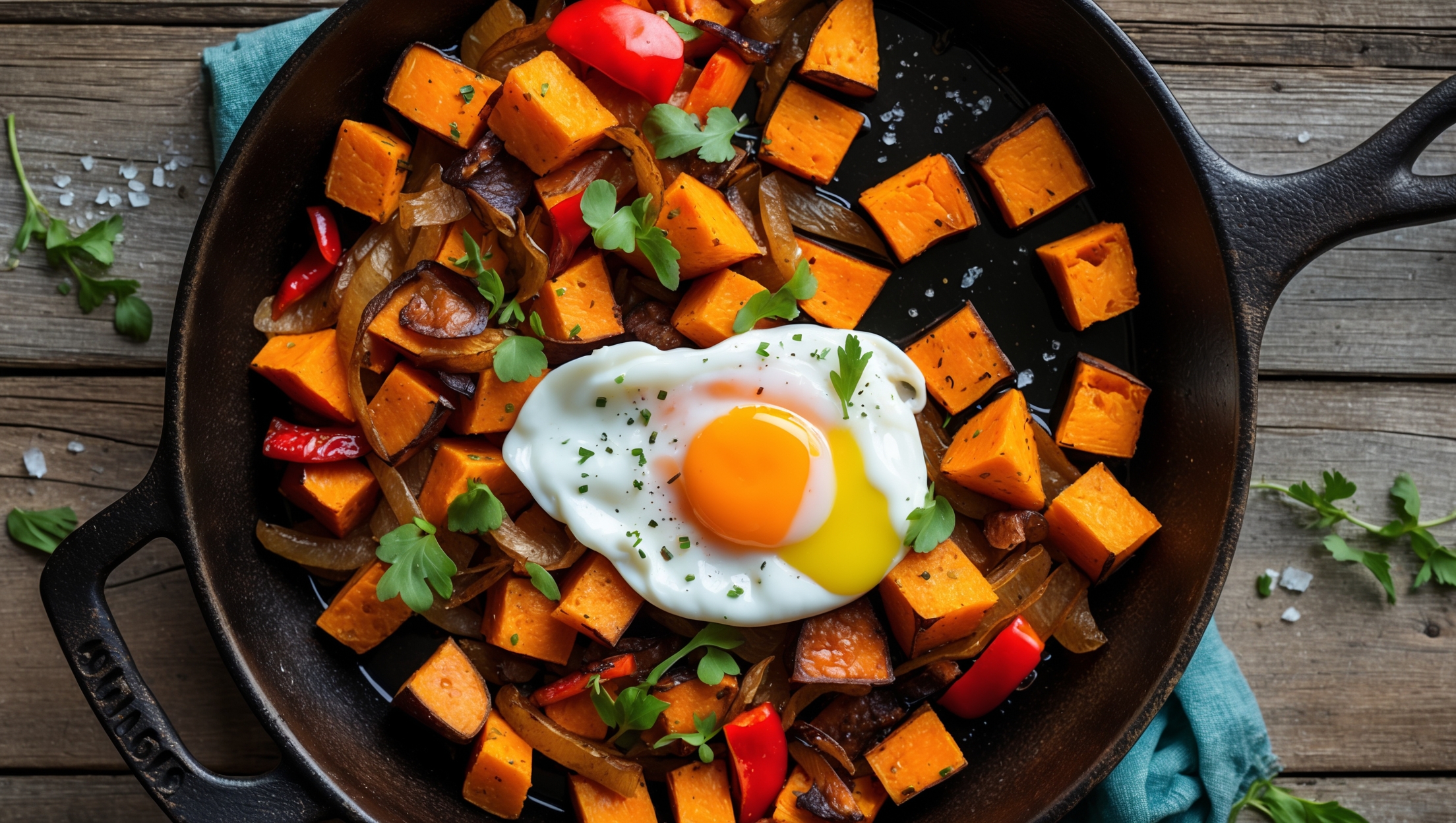 An overhead shot of a rustic cast-iron skillet filled with golden-orange sweet potato hash, where perfectly crisp-edged cubes contrast with vibrant red bell peppers and caramelized onions. Soft natural morning light highlights the textural variety – the crispy charred edges of sweet potatoes, the glistening sheen from a light olive oil drizzle, and fresh green herbs scattered across the top. A perfectly poached egg sits in the center, its bright yellow yolk just beginning to spill onto the hash. The skillet rests on a weathered wooden table with scattered fresh herbs, sea salt flakes, and cracked black pepper visible along the edges, emphasizing the homemade, rustic nature of this comforting dish.