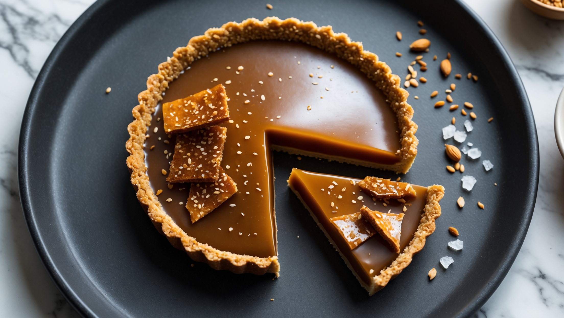An overhead shot of a perfectly sliced tahini caramel tart resting on a matte black ceramic plate, with soft natural light highlighting the contrast between the golden-brown crust and the glossy amber caramel filling. A cross-section view reveals distinct layers: the short crumbly tahini pastry base, the smooth caramel center with its perfect wobble, and the scattered shards of sesame brittle creating height and texture. The tart is garnished with a light dusting of sea salt crystals that catch the light, while scattered toasted sesame seeds and a small bowl of tahini sit artfully in the background on a marble surface, suggesting the key flavors of this sophisticated dessert.
