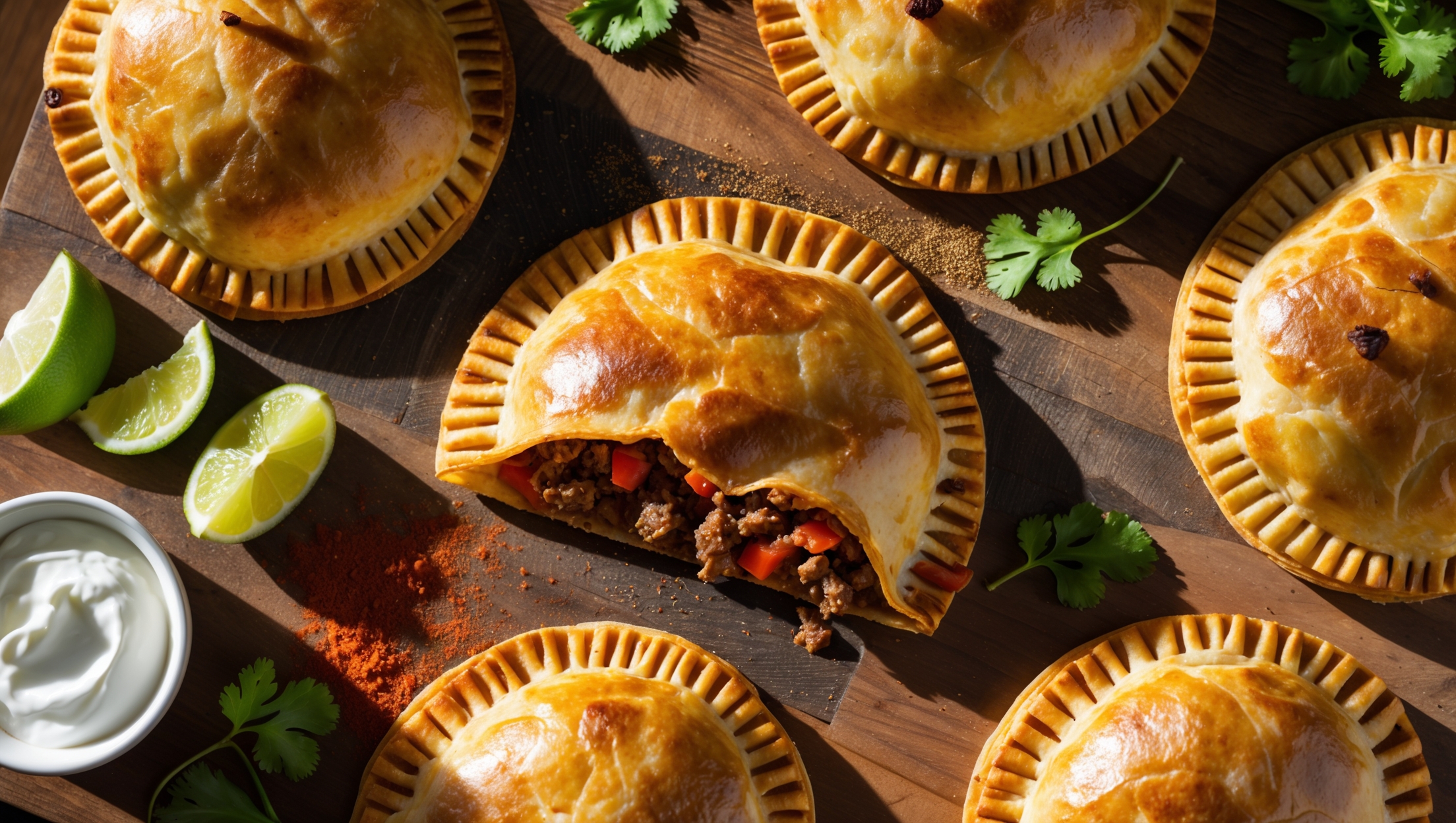Overhead shot of golden-brown taco hand pies arranged on a rustic wooden serving board, with one broken open to reveal the savory beef and cheese filling speckled with colorful specks of red tomatoes and green cilantro. The natural afternoon light highlights the flaky pastry layers and creates appetizing shadows around the perfectly crimped edges. Scattered around the board are lime wedges, a small ramekin of sour cream, fresh cilantro sprigs, and a light dusting of chili powder, creating a vibrant Mexican-inspired tableau against the warm wooden backdrop.