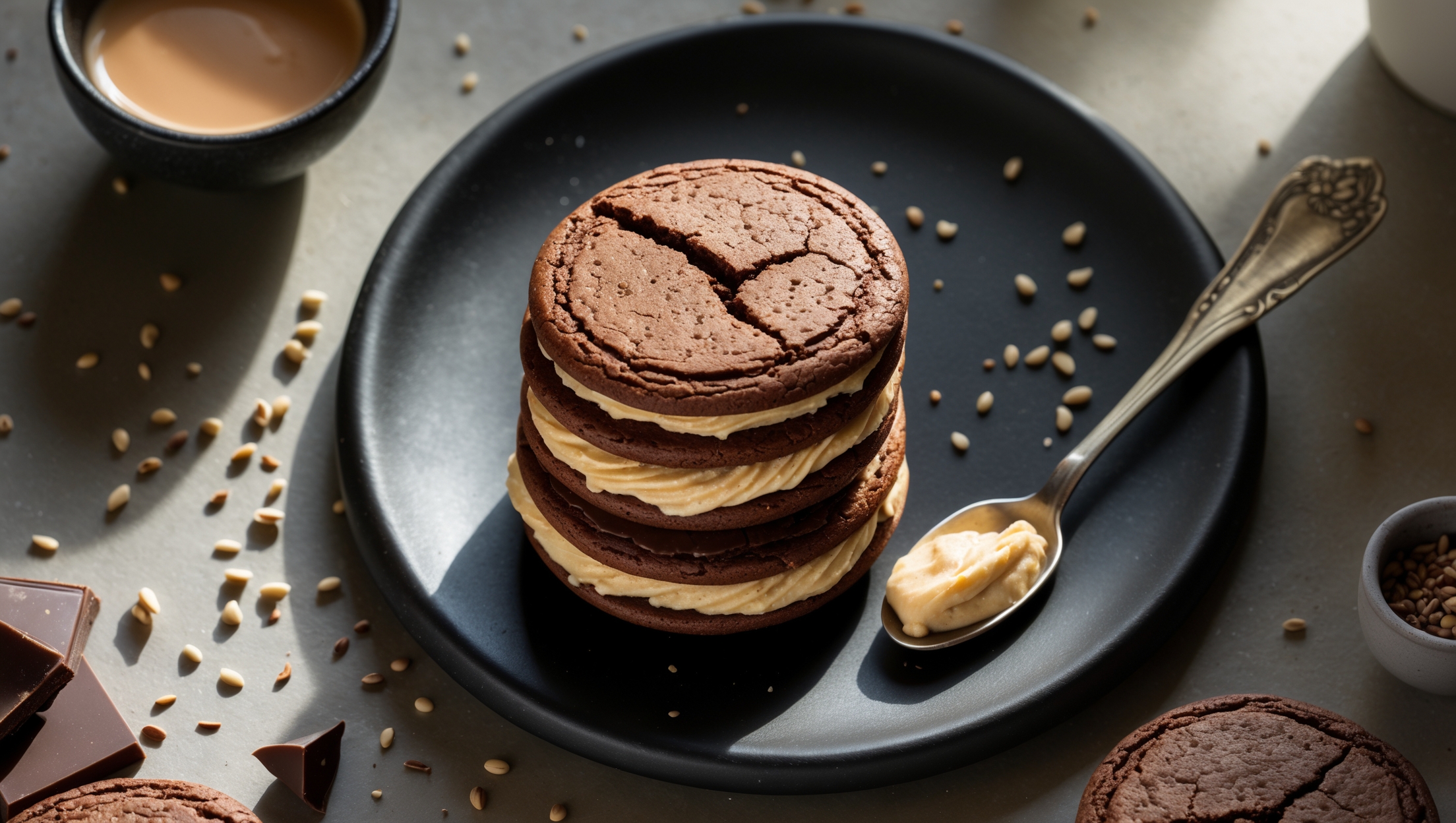 An overhead shot captures a stack of chocolate-brown sandwich cookies on a matte black ceramic plate, with one cookie placed separately to reveal the creamy beige tahini filling. Soft natural light casts gentle shadows, highlighting the slight crackle on the cookie surfaces and the smooth, glossy filling peeking from between the layers. Scattered around the composition are sesame seeds and chocolate chunks, with a small bowl of tahini and a vintage silver spoon resting nearby. The contrast between the dark chocolate cookies and light tahini filling creates a striking visual, while a steaming cup of coffee in the background suggests the perfect pairing.