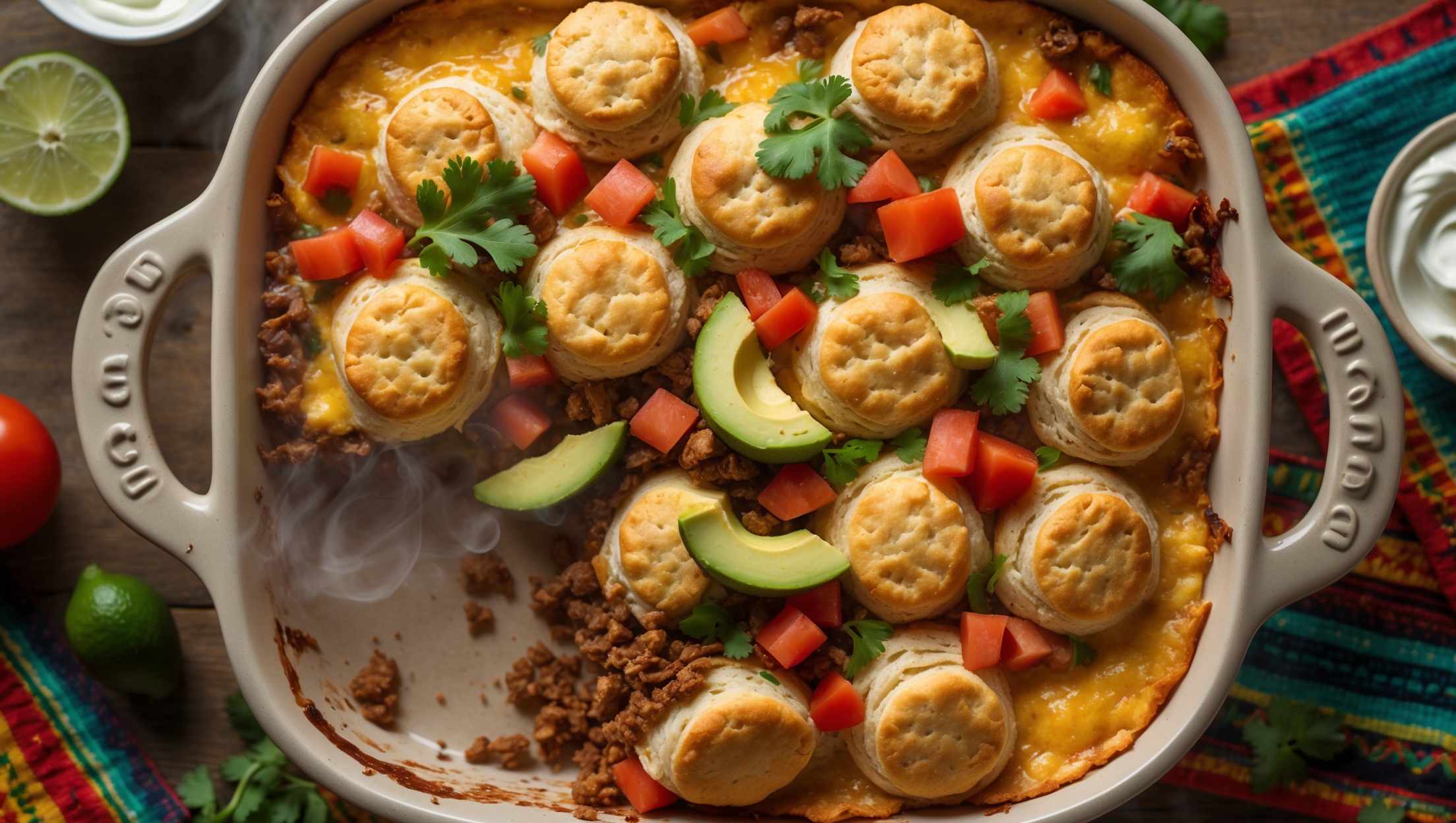 An overhead shot of the golden-brown Taco Fiesta Bubble-Up Casserole in a rectangular ceramic baking dish, capturing the bubble-like texture of the baked biscuits peeking through a blanket of melted cheese. Soft natural light highlights the vibrant colors of the fresh garnishes—bright red diced tomatoes, verdant cilantro leaves, and creamy avocado chunks scattered across the top. The casserole rests on a rustic wooden table with colorful Mexican-inspired placemats, a small bowl of sour cream, and scattered lime wedges adding context. Steam gently rises from a freshly cut portion, revealing layers of seasoned ground beef and cheese between the tender biscuit pieces.