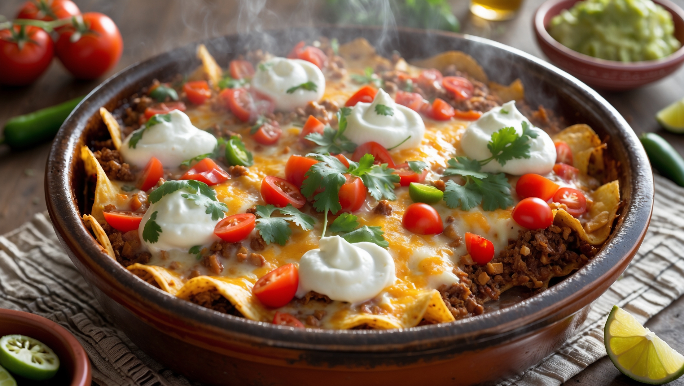 An overhead shot of a bubbling, golden-brown Taco Tortilla Casserole fresh from the oven, captured in warm natural light. The image reveals defined layers of crisp corn tortillas, seasoned ground beef, and colorful vegetables peeking through a blanket of melted cheese. Steam gently rises from the surface where vibrant red tomatoes, bright green cilantro, and creamy dollops of sour cream create striking visual contrast against the golden-brown cheese top. The casserole rests in a rustic earthenware dish placed on a textured Mexican-inspired table runner, with scattered lime wedges, jalapeño slices, and a small bowl of fresh guacamole artfully arranged alongside.