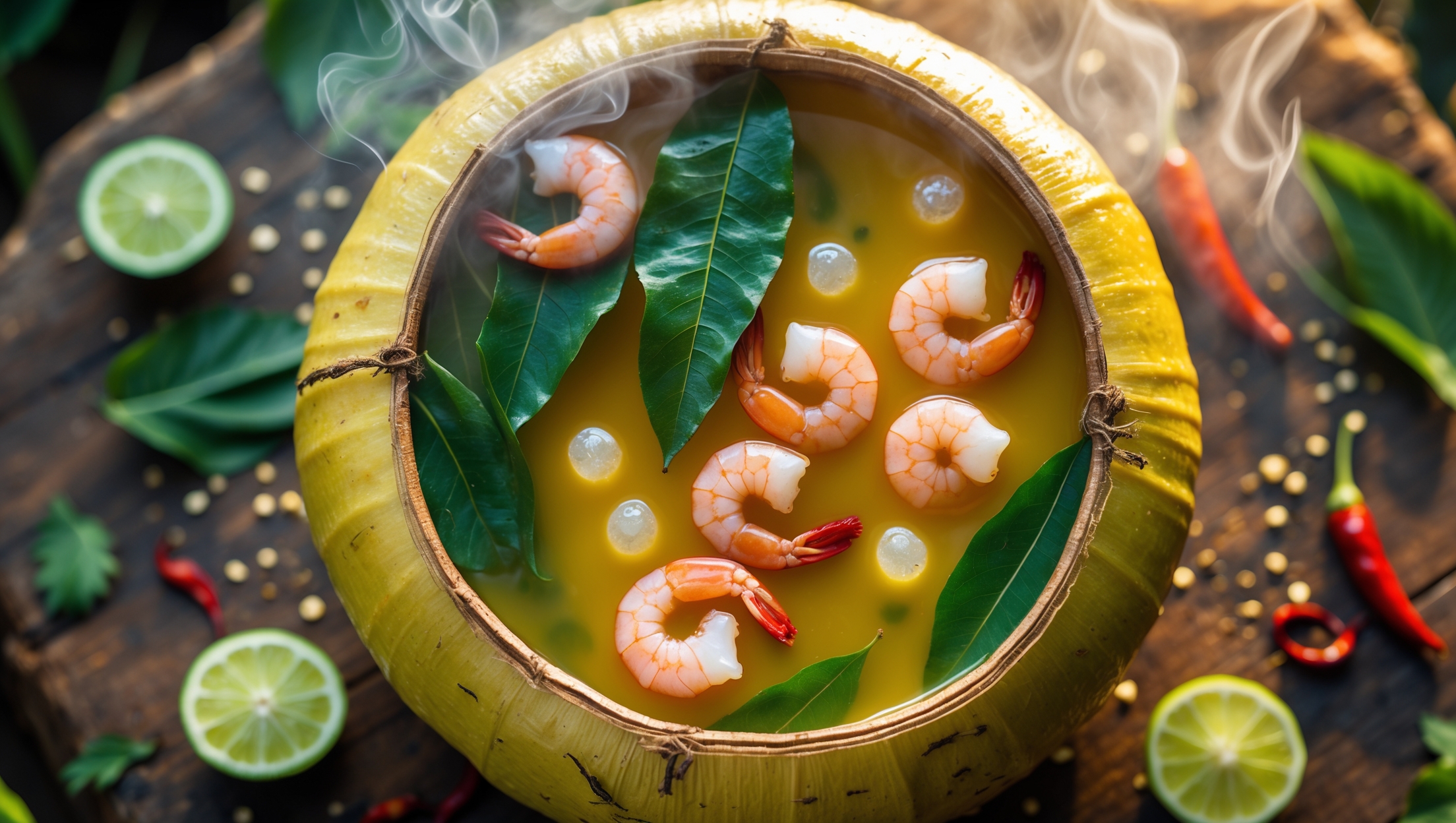 An overhead shot of a traditional calabash gourd filled with golden-yellow tucupi broth, where vibrant green jambu leaves create a striking contrast against the translucent yellow liquid. Plump pink shrimp float atop the surface, alongside delicate tapioca gum pearls that glisten in the warm, diffused natural lighting. The composition is styled on a rustic wooden table with scattered fresh herbs, dried chili peppers, and lime wedges surrounding the gourd. The steam visibly rises from the hot soup, captured in the soft afternoon light that highlights the unique textures of each ingredient and the rich cultural heritage of this Amazonian specialty.