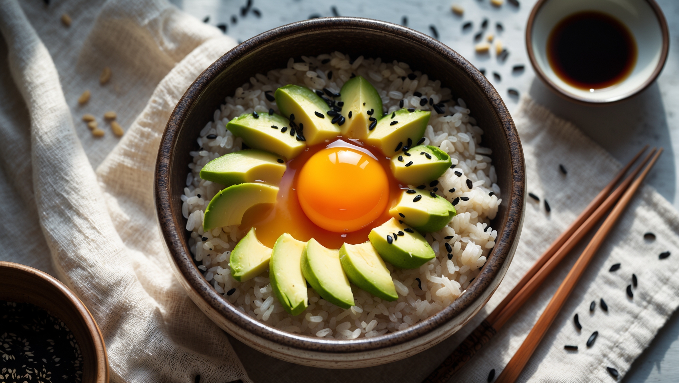An overhead shot of a rustic ceramic bowl filled with steaming brown rice, featuring a perfectly centered raw egg yolk surrounded by sliced avocado arranged in a fan pattern. The natural morning light catches the glossy sheen of the egg and highlights the contrasting textures between the fluffy rice, creamy avocado, and liquid gold yolk. Scattered black sesame seeds and thin strips of nori create visual interest against the backdrop, while a small bowl of soy sauce and wooden chopsticks rest alongside on a natural linen cloth, suggesting the authentic Japanese breakfast experience to come.