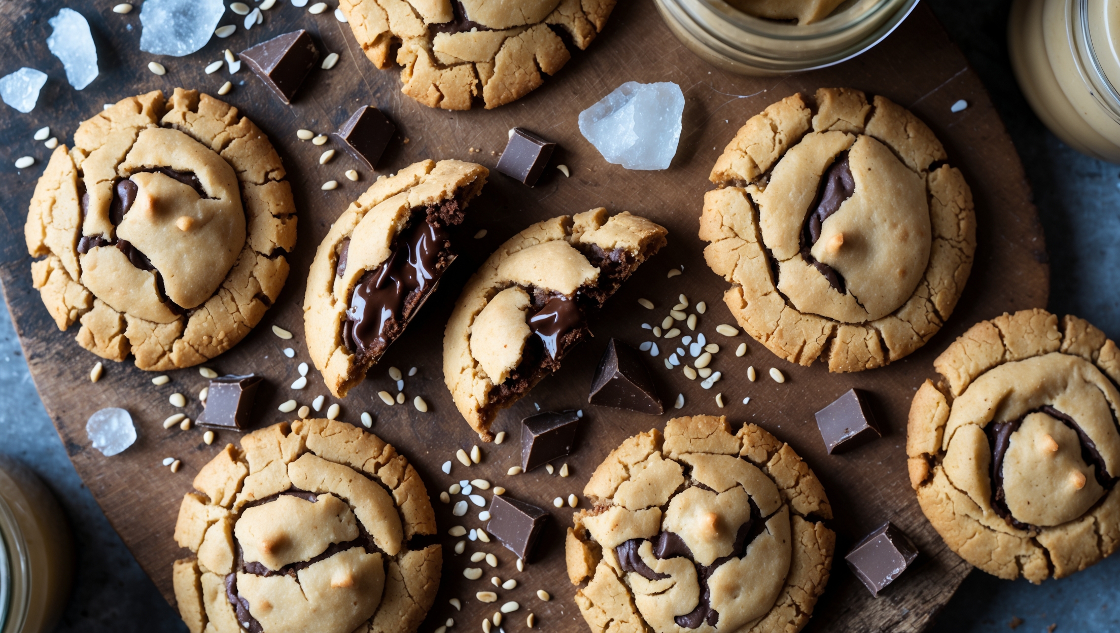 An overhead shot of golden-brown tahini chocolate chip cookies arranged on a rustic wooden board, with a few cookies broken in half revealing melty chocolate chunks against the nutty beige dough. Soft natural light highlights the cookies' crackly tops, while sesame seeds are scattered artfully alongside whole tahini jars and flaky sea salt crystals in the background. The contrast between the golden cookie edges and the dark chocolate chunks creates visual interest, while the distinctive swirl pattern of tahini visible in the broken cookies adds texture to the composition.