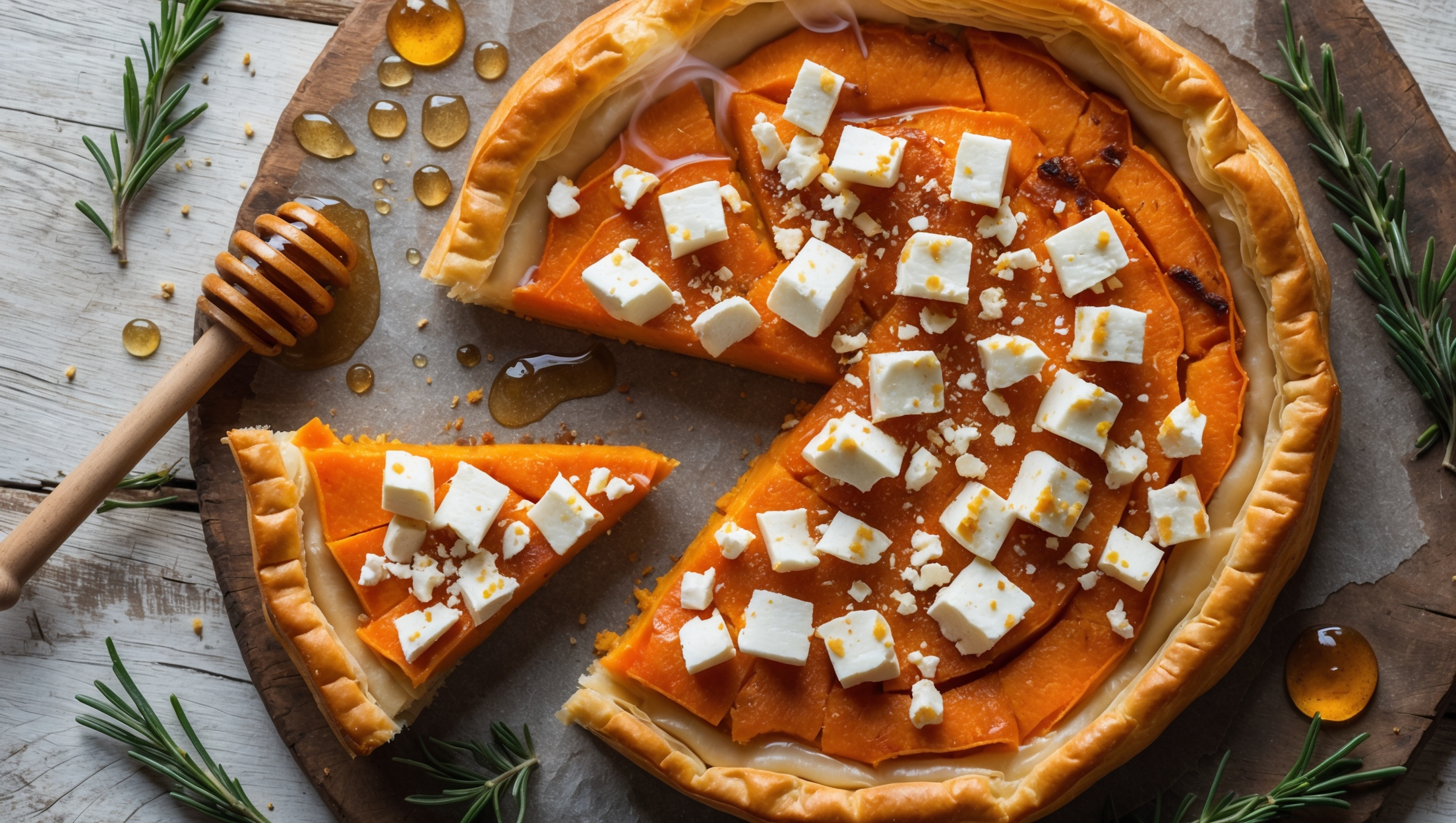 An overhead shot of the rustic Sweet Potato and Feta Tart showcases its golden-brown puff pastry border encasing vibrant orange sweet potato filling marbled with crumbles of white feta. The tart is photographed in soft natural light on a weathered wooden board, with scattered fresh rosemary sprigs and a small honey dipper resting nearby. A slice has been cut, revealing the perfect layers of flaky pastry and creamy filling. Steam rises gently from the warm tart, highlighting the caramelized edges of the sweet potato and the slightly melted feta pieces, with a light drizzle of amber honey catching the light as it pools in the center.