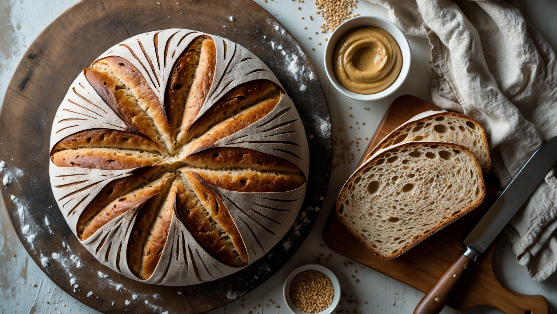 An overhead shot of a rustic round tahini whole grain loaf with a beautifully scored top, showcasing its golden-brown crust against a weathered wooden board. A cross-section reveals the bread's even, moist crumb structure with tiny air pockets throughout. The scene is bathed in soft natural light streaming through a kitchen window, highlighting the loaf's textural details and warm tones. Alongside the bread sits a small bowl of tahini, scattered sesame seeds, and a vintage linen cloth dusted with flour. A freshly cut slice displays the perfect balance between wholesome density and lightness, with a knife resting nearby on a wooden cutting board.