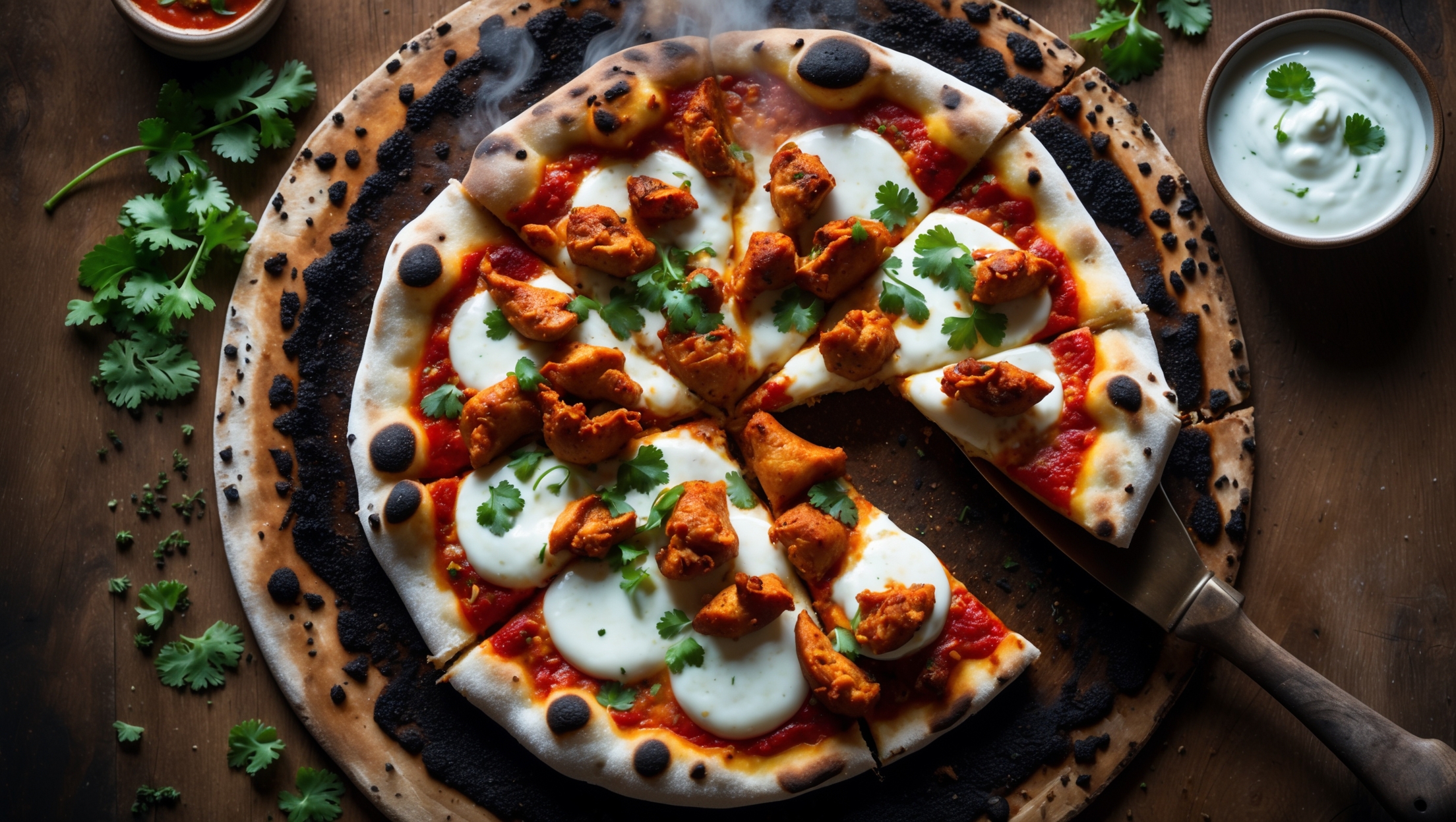 An overhead shot of a rustic Tandoori Chicken Pizza with vibrant red-hued chicken pieces contrasting against the white mozzarella and green coriander. The pizza is photographed in warm, natural light on a weathered wooden pizza peel, with scattered fresh herbs and a small bowl of yogurt raita alongside. A cross-section view reveals the perfect balance of crispy yet chewy crust, while a close-up captures the charred bubbles on the crust edge and the glistening spiced chicken pieces. Steam rises gently from the freshly baked pizza, with the colorful toppings arranged artfully across the golden-brown base.