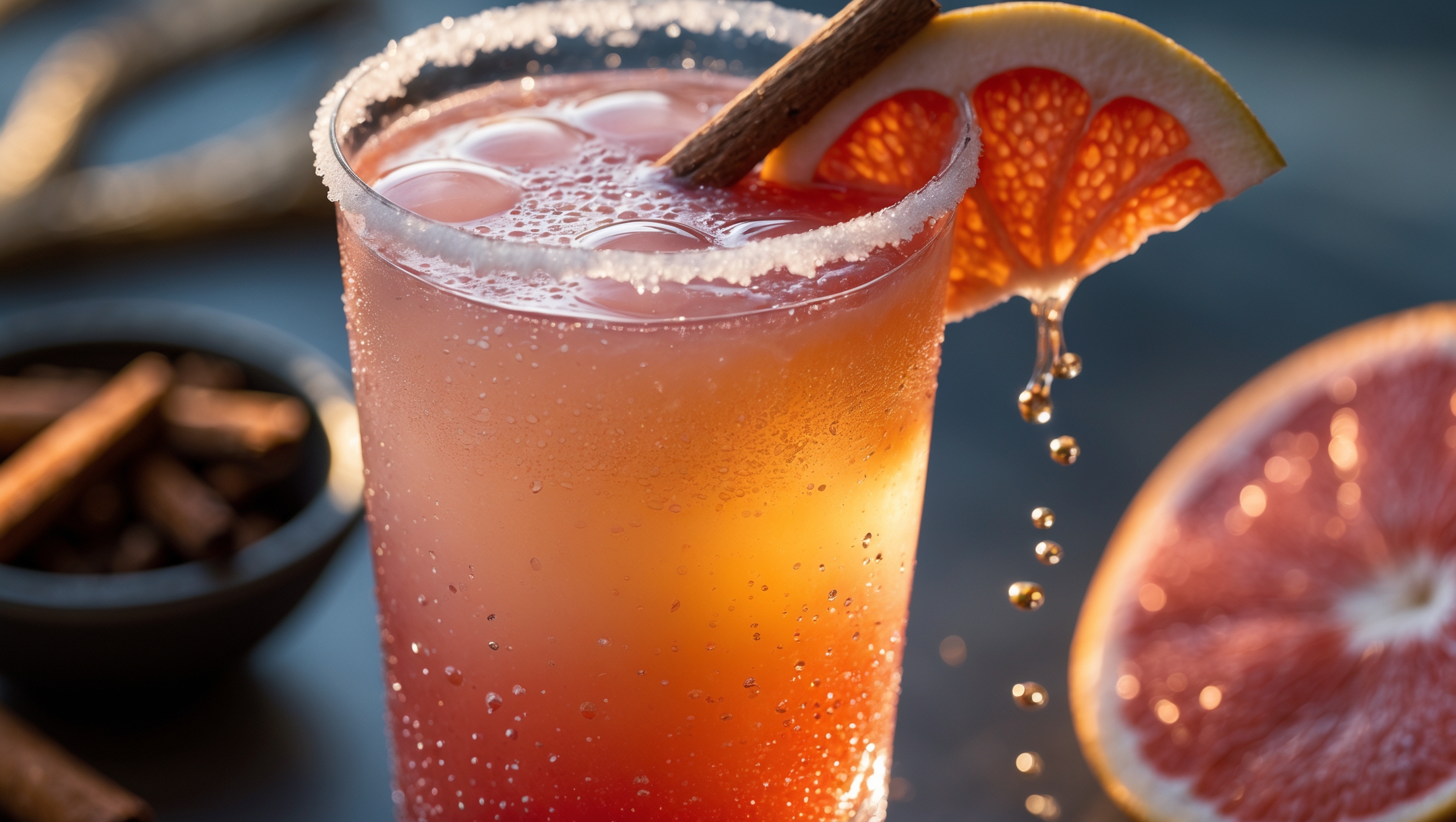 A tall Collins glass showcases layers of amber and blush-pink liquid, with a salt-rimmed edge catching the warm afternoon light. The cocktail's surface features delicate bubbles from the grapefruit soda, while a wedge of ruby-red grapefruit and a cinnamon stick garnish rest on the rim. Condensation beads elegantly down the glass, reflecting the golden-hour glow that highlights the tamarind-infused drink's rich gradient of color. In the background, slightly blurred, sits a small bowl of fresh tamarind pods and sliced grapefruits, suggesting the natural ingredients that create this complex flavor profile.