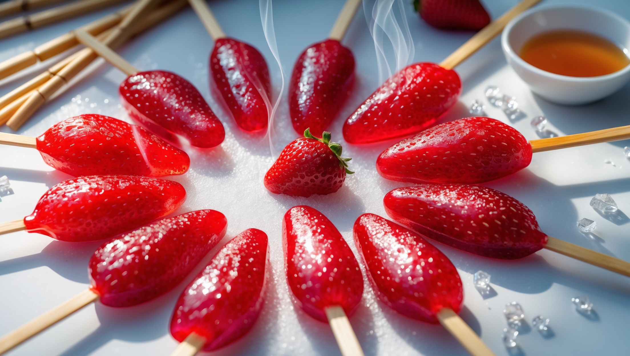 An overhead shot of vibrant red strawberry tanghulu skewers arranged in a sunburst pattern on a sleek white marble surface, their glass-like candy shells glistening under soft natural light. A close-up reveals the perfect transparency of the hard sugar coating, showcasing the juicy fruit beneath. In the background, bamboo skewers and scattered sugar crystals add textural interest, while a small bowl of remaining sugar syrup sits nearby, its golden hue capturing the light beautifully. Steam rises subtly from freshly dipped pieces, emphasizing the fresh, handmade quality of these traditional Chinese treats.