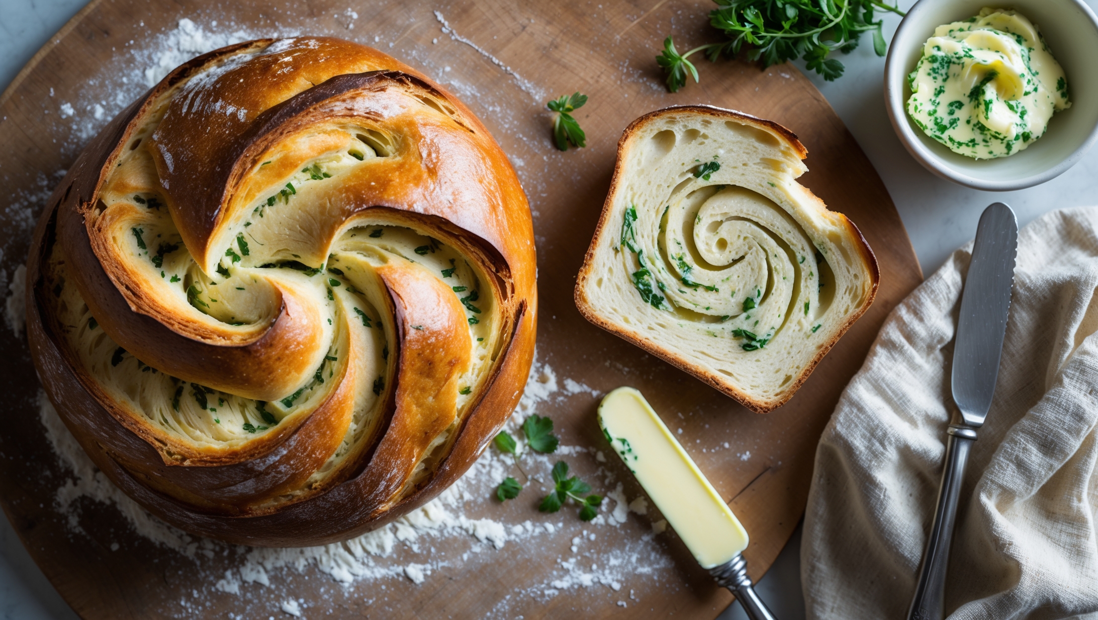 An overhead shot of a golden-brown loaf with visible swirls of herb butter peeking through its perfectly domed top, placed on a rustic wooden board dusted with flour. A cross-section reveals the cloud-like interior with distinct, delicate layers where the herb butter has created green-flecked marbling throughout the impossibly soft crumb. Shot in soft natural light streaming through a kitchen window, the image captures tendrils of steam rising from a freshly sliced piece. Surrounding the loaf are scattered herbs, a small bowl of the vibrant herb butter, and a linen napkin, while a butter knife rests alongside, ready for spreading a pat of butter on the still-warm bread.