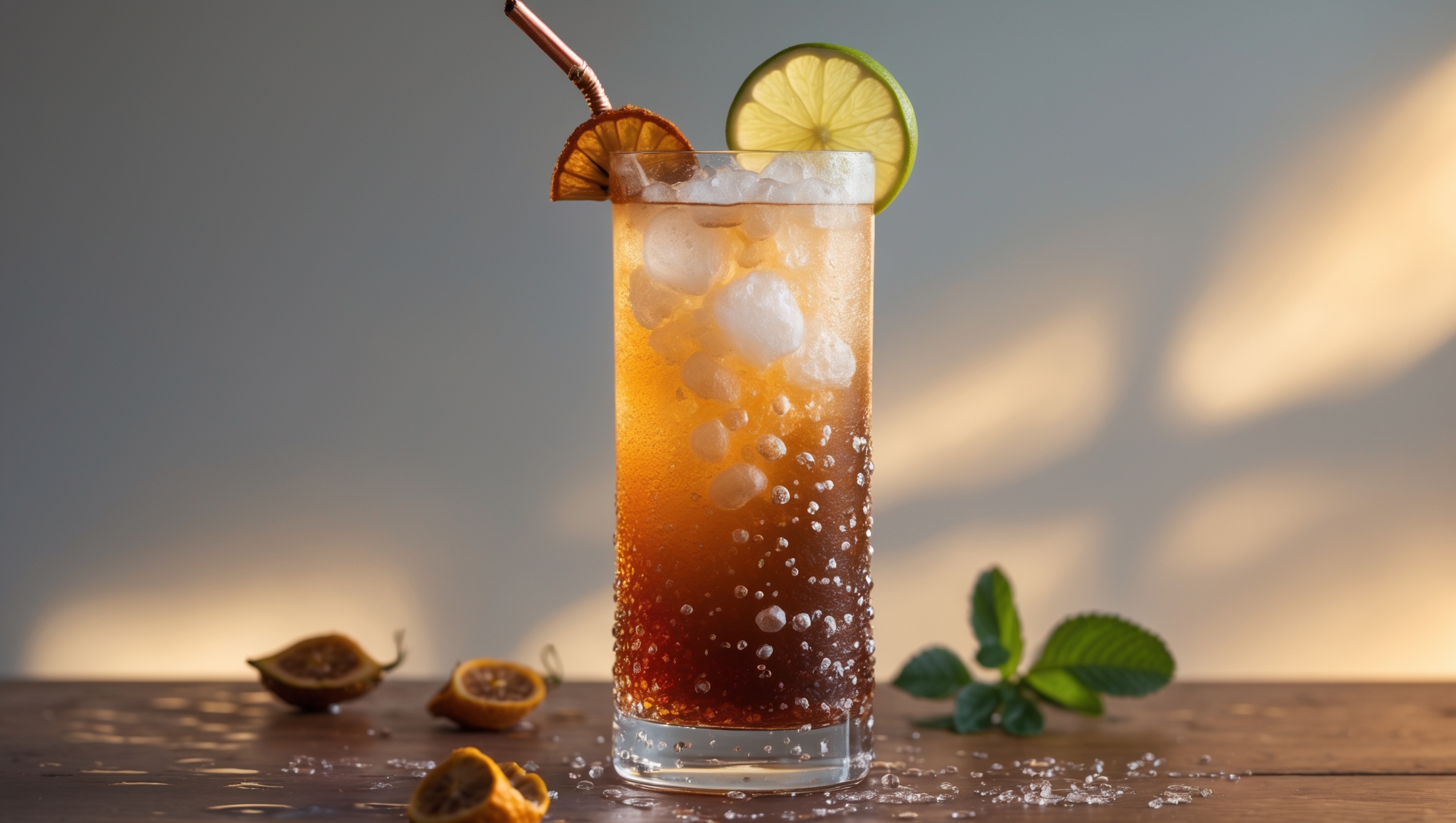 A tall, elegant highball glass showcases the amber-brown Tamarind Fizz with effervescent bubbles dancing along the sides. Golden afternoon light filters through the cocktail, highlighting its rich color gradient from deep mahogany at the bottom to lighter amber at the top. Crushed ice creates a frosty texture, while a dehydrated lime wheel and fresh tamarind pod rest on the rim. A copper straw stands tall against the frosted glass, which beads with condensation. The drink sits on a wooden bar top with subtle tamarind pods and fresh mint sprigs scattered artfully nearby, emphasizing its tropical yet sophisticated character.