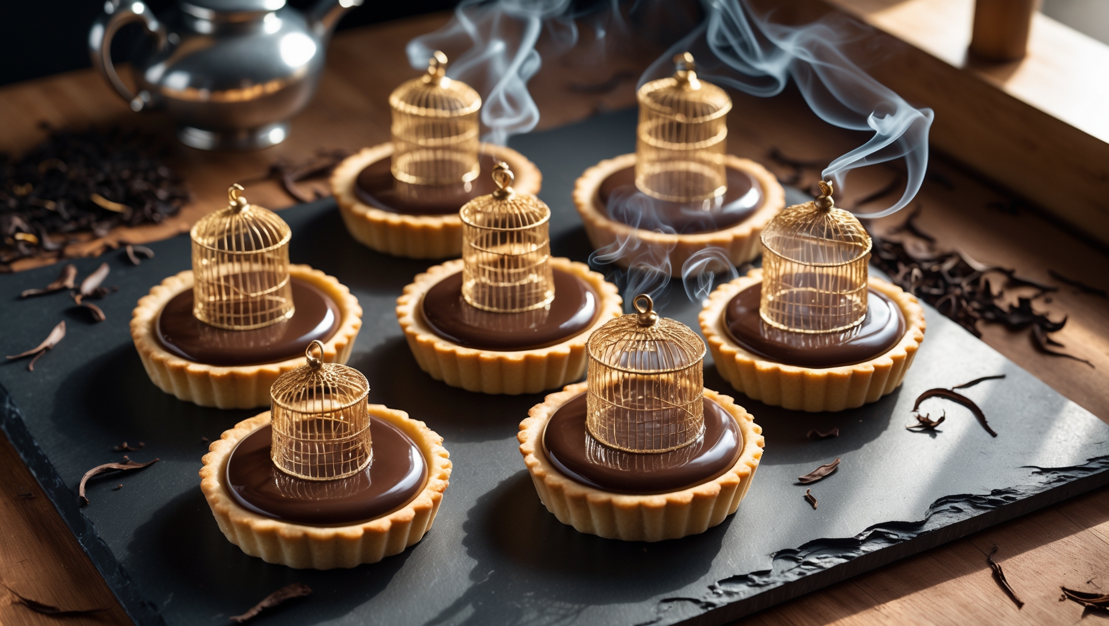 A dramatic overhead shot captures six perfectly baked tarts arranged on a matte black slate. Each tart features a glistening chocolate custard with wisps of tea-infused smoke frozen in time, topped with intricate golden sugar cages that catch the warm, directional light. A close-up reveals the contrast between the smooth, glossy custard and the delicate, crystalline structure of the sugar work. In the background, loose tea leaves, chocolate shavings, and a vintage silver teapot create context while a cross-section shot exposes the perfectly baked, flaky pastry shell holding the silky custard. Natural window light casts gentle shadows that highlight the architectural quality of the sugar cages against the deep chocolate backdrop.