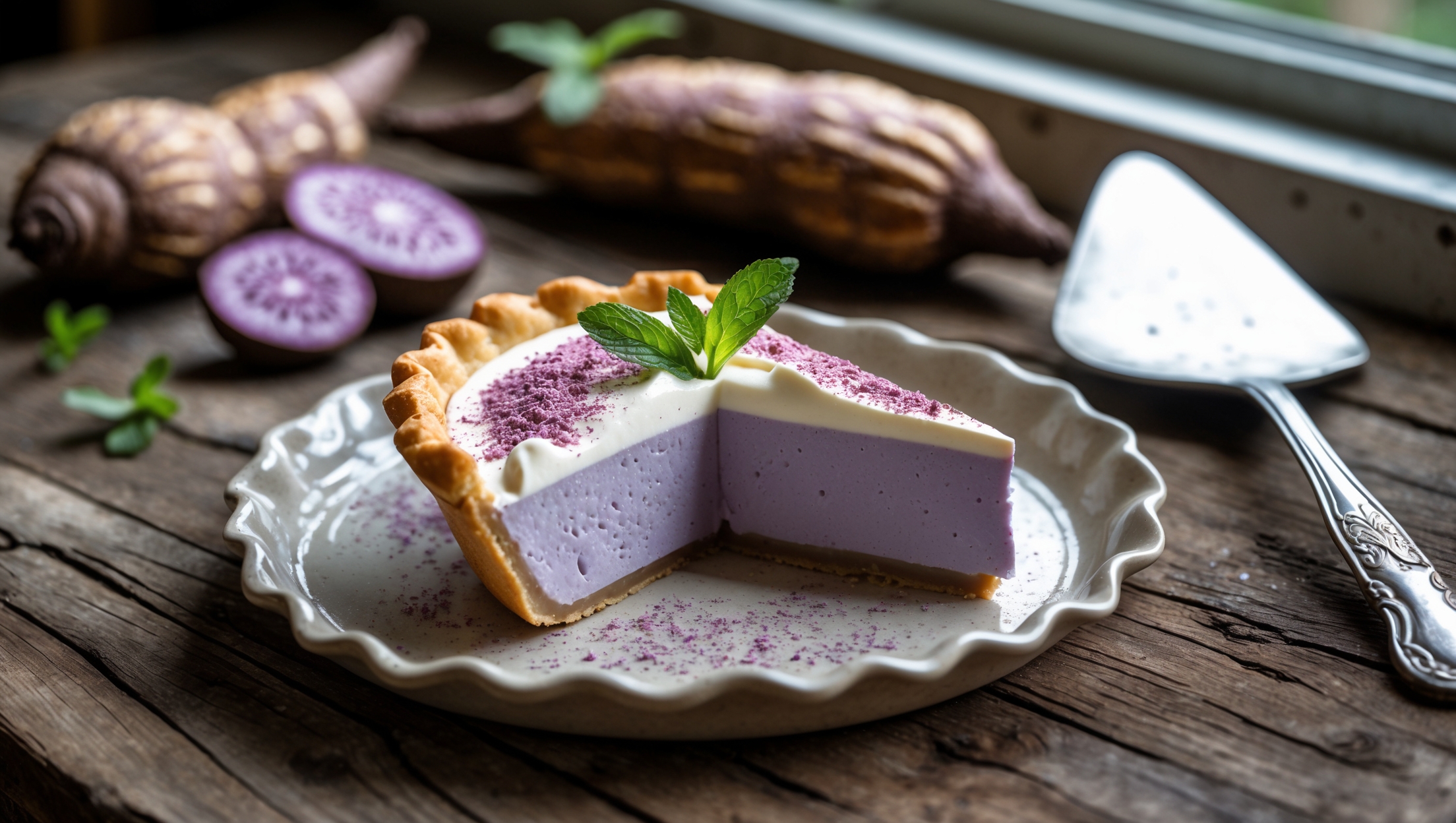 An overhead shot of a sliced taro cream pie on a rustic ceramic plate, soft natural light streaming through a kitchen window highlighting its delicate lavender-purple filling that contrasts beautifully with the golden-brown pastry crust. A cross-section reveals the silky, smooth taro custard layer beneath a light swirl of whipped cream garnished with fine taro powder and tiny fresh mint leaves. In the background, blurred taro root pieces with their distinctive brown skin and glimpses of purple flesh create context, while a vintage silver pie server rests nearby on the weathered wooden table, ready to serve another slice.