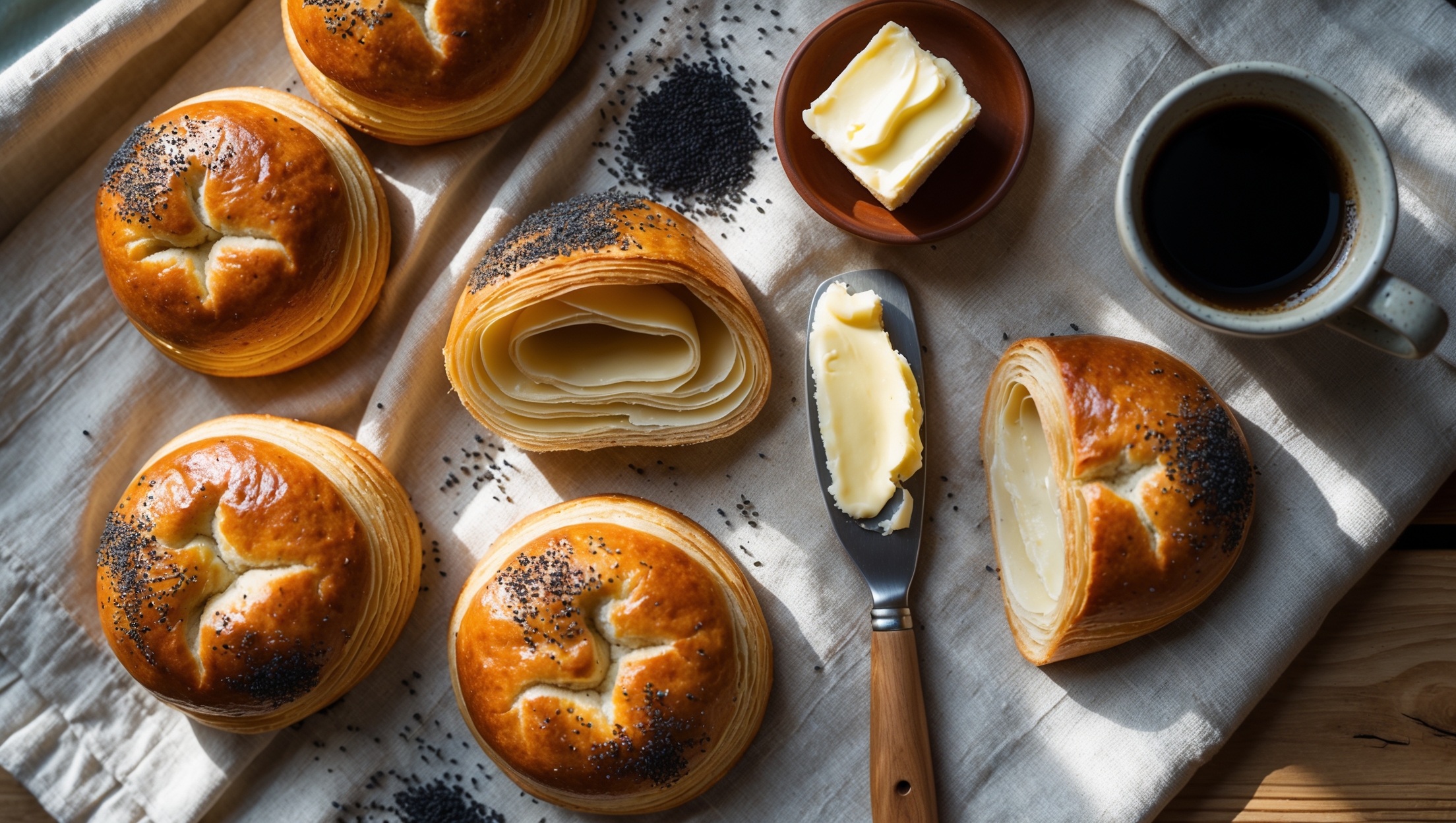 An overhead shot of golden-brown tebirkes pastries with their characteristic poppy seed-covered tops, arranged on a rustic linen cloth. A cross-section reveals the delicate layers within, showing the buttery lamination that creates the signature flaky texture. A small ceramic dish of house-cultured butter sits nearby, topped with a wooden knife bearing a smear of the cultured butter. The natural window light highlights the glistening poppy seeds and creates shadows that emphasize the pastry's dimension and texture. Some aged seeds are artfully scattered around the composition, and a cup of steaming coffee completes the traditional Danish breakfast scene.