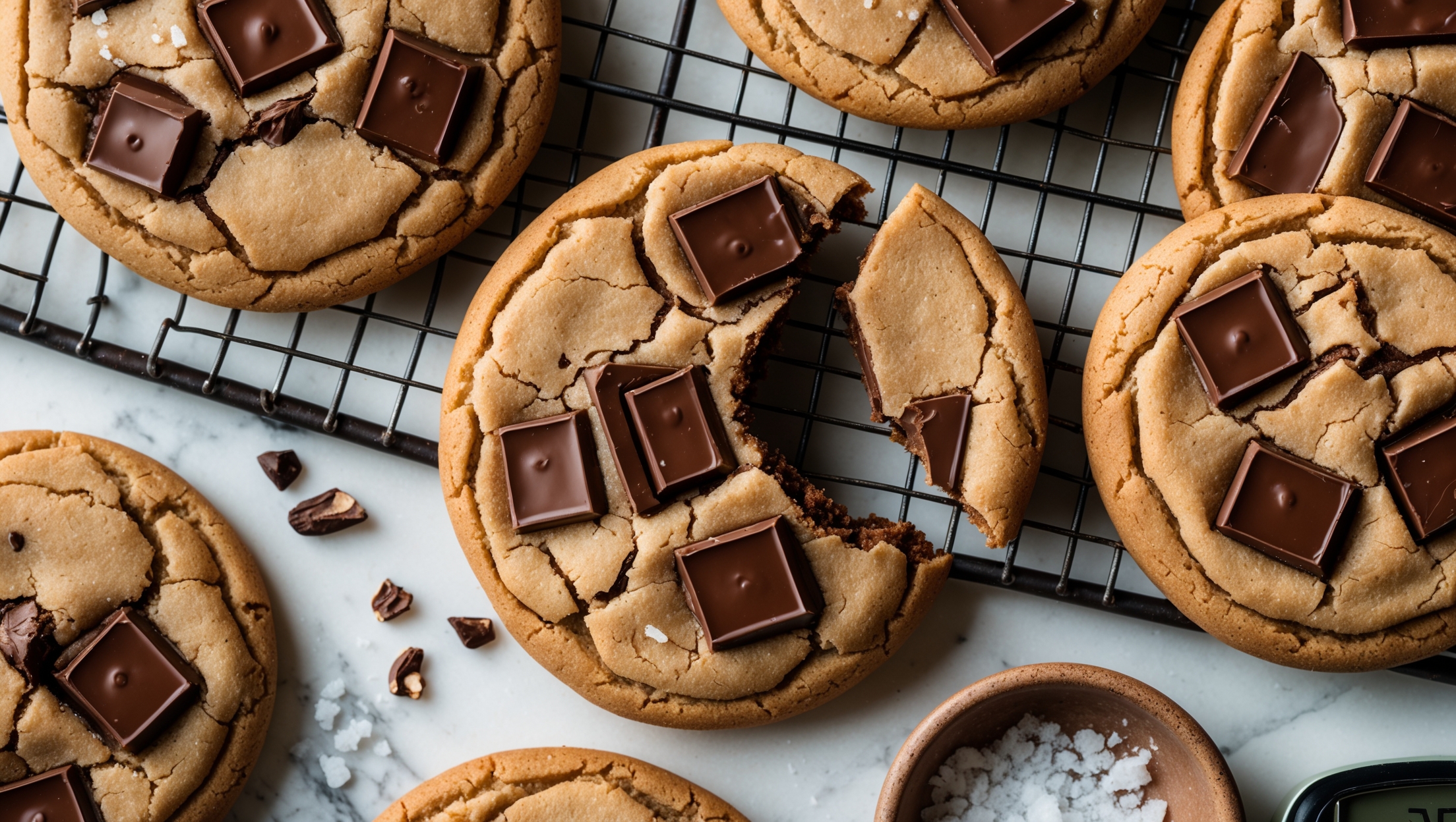 An overhead shot of perfectly round cookies with crackling tops and visible chunks of glossy tempered chocolate catching the light. A cross-section view reveals the ideal cookie texture: crisp golden edges transitioning to a soft, slightly underbaked center. Soft natural light highlights the contrast between the caramelized cookie dough and the shiny tempered chocolate pieces. Styled on a vintage wire cooling rack atop a marble surface, with scattered cacao nibs, a digital thermometer, and a small bowl of flaky sea salt suggesting the precision behind these elevated chocolate chip cookies. A single cookie with a bite taken out reveals the perfectly tempered chocolate that holds its shape without being completely solid.