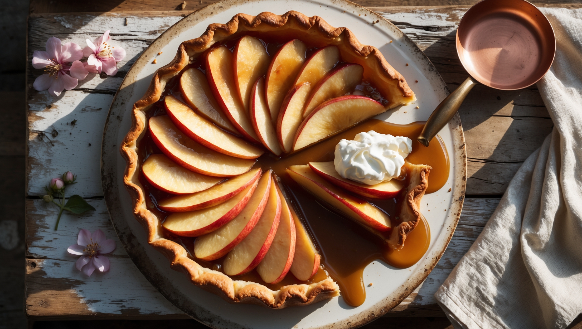 An overhead shot of a perfectly inverted Tarte Tatin on a weathered wooden board, showcasing a mosaic of glistening amber-colored apple slices arranged in a stunning spiral pattern. Golden afternoon light catches the edges of the caramelized fruit, highlighting their burnished surfaces and the pool of glossy caramel that drips onto the rustic ceramic serving plate. The flaky pastry base, now on top, appears delicately browned with visible buttery layers. A small copper pan rests nearby alongside a vintage French linen napkin, a few scattered pink apple blossoms, and a quenelle of crème fraîche slowly melting at the edge of a slice being pulled away, revealing the tender fruit and rich caramel beneath.