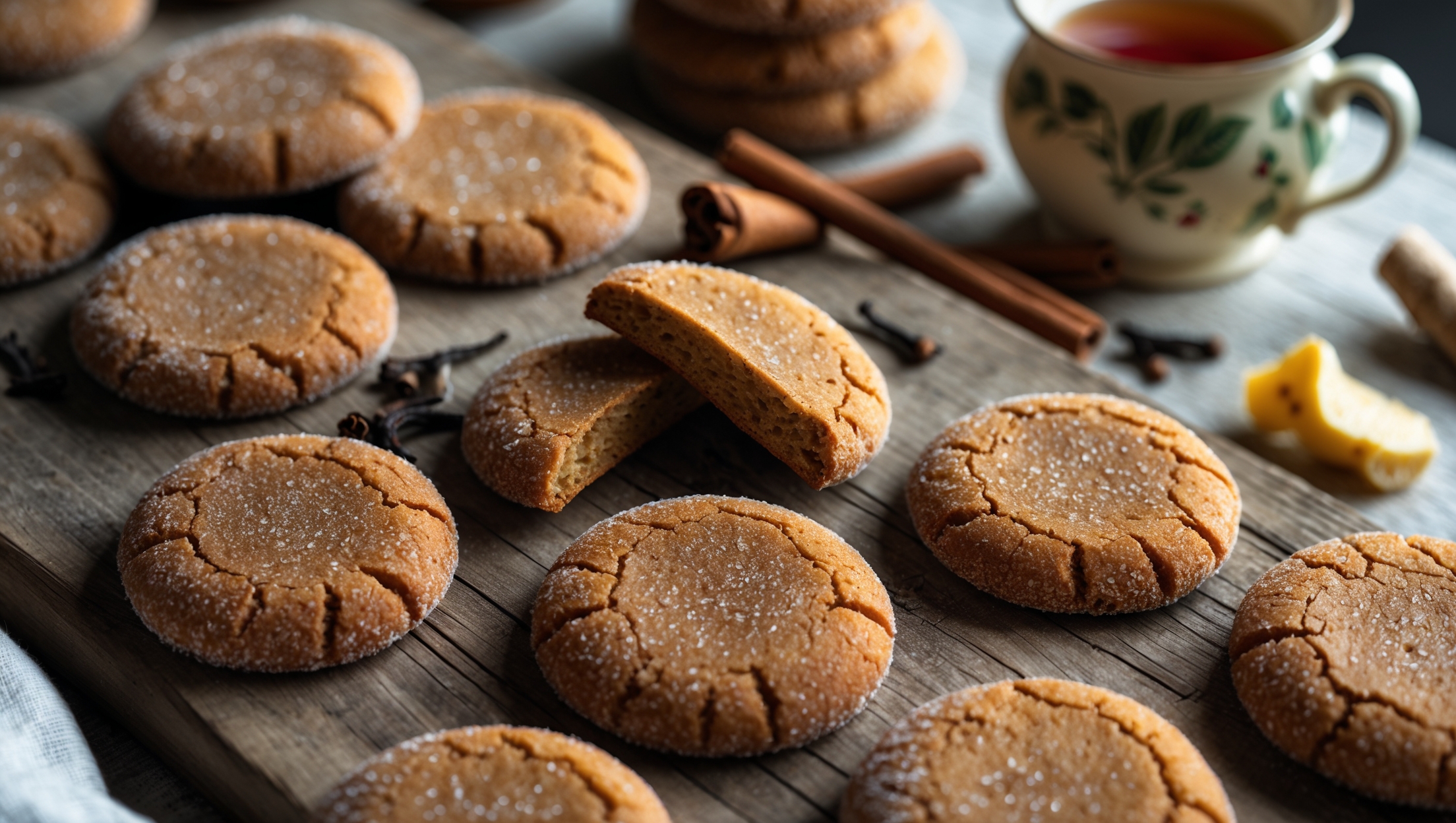 An overhead shot of golden-brown ginger cookies arranged on a rustic wooden board, with a few broken open to reveal their perfectly chewy centers. Soft natural light highlights the sugar-crusted tops that glisten with fine crystallization and the visible specks of ginger throughout. In the background, a vintage ceramic jar holds additional cookies, while scattered pieces of crystallized ginger, cinnamon sticks, and whole cloves create aromatic styling elements. A cup of steaming tea sits nearby, suggesting the perfect pairing for these richly spiced treats. The shallow depth of field focuses on the characteristic crackled surface unique to these temperature-controlled caramelized cookies.