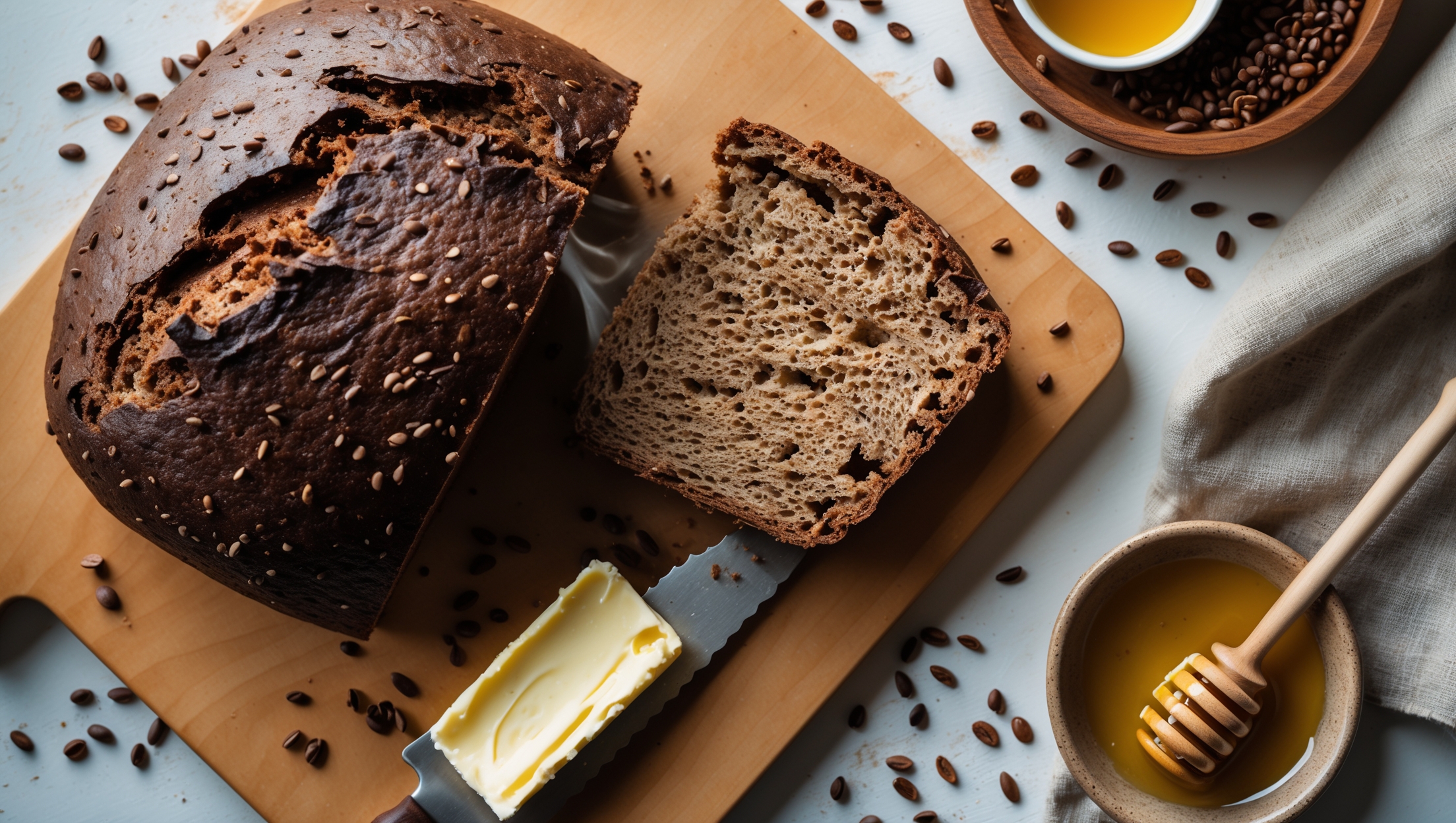 An overhead shot of a rustic loaf of teff bread, its dark chocolate-brown crust contrasting beautifully against a light wooden cutting board. A cross-section reveals the bread's moist, slightly dense interior with tiny flecks of teff grains visible throughout. Steam gently rises from a freshly cut slice, captured in soft natural morning light streaming through a kitchen window. Surrounding the loaf are scattered teff grains and a small bowl of honey with a wooden dipper. A butter knife with a smear of cultured butter sits alongside, while a linen napkin in earthy tones frames one corner of the composition, emphasizing the bread's wholesome, artisanal quality.