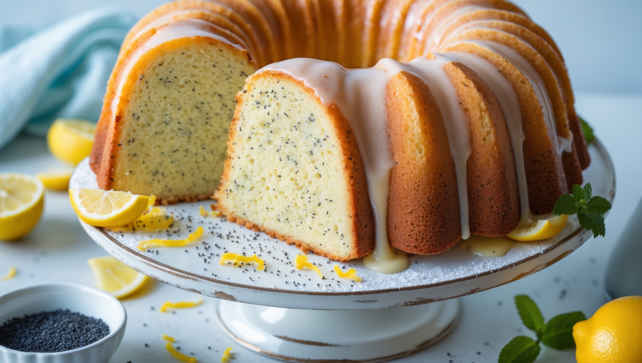 An elegant bundt cake captured in soft natural light, showcasing its perfect golden-brown exterior and distinctive ridged pattern. A cross-section reveals a tender, pale yellow crumb dotted with tiny black poppy seeds throughout. The cake sits on a vintage white cake stand against a light blue linen, with fresh lemon slices and a small bowl of poppy seeds artfully arranged nearby. A glossy lemon glaze cascades down the cake's curves, pooling slightly on the plate below, while a light dusting of powdered sugar catches the light. Scattered lemon zest and a sprig of fresh mint add vibrant color contrast against the pale yellow cake.