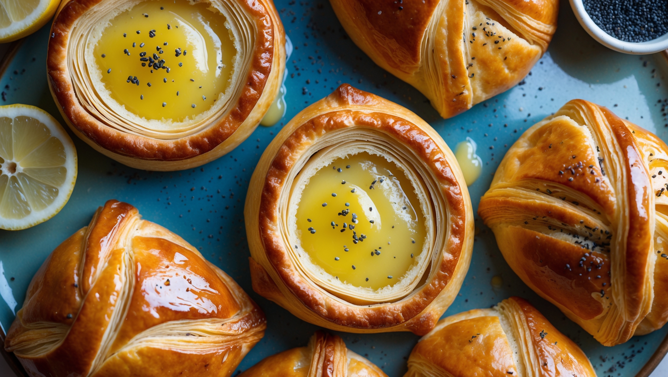 Overhead shot of golden-brown Danish pastries arranged on a vintage blue ceramic platter, their centers glistening with sunny yellow lemon curd and a scattering of tiny black poppy seeds. A cross-section view reveals the delicate laminated layers within the pastry, while a close-up captures the glossy shine of the lemon glaze drizzled across the top. Soft natural light highlights the flaky texture and caramelized edges, while fresh lemon slices and a small bowl of additional poppy seeds create visual context. Tiny flecks of lemon zest can be seen throughout the filling, reinforcing the citrus theme of this elegant breakfast pastry.