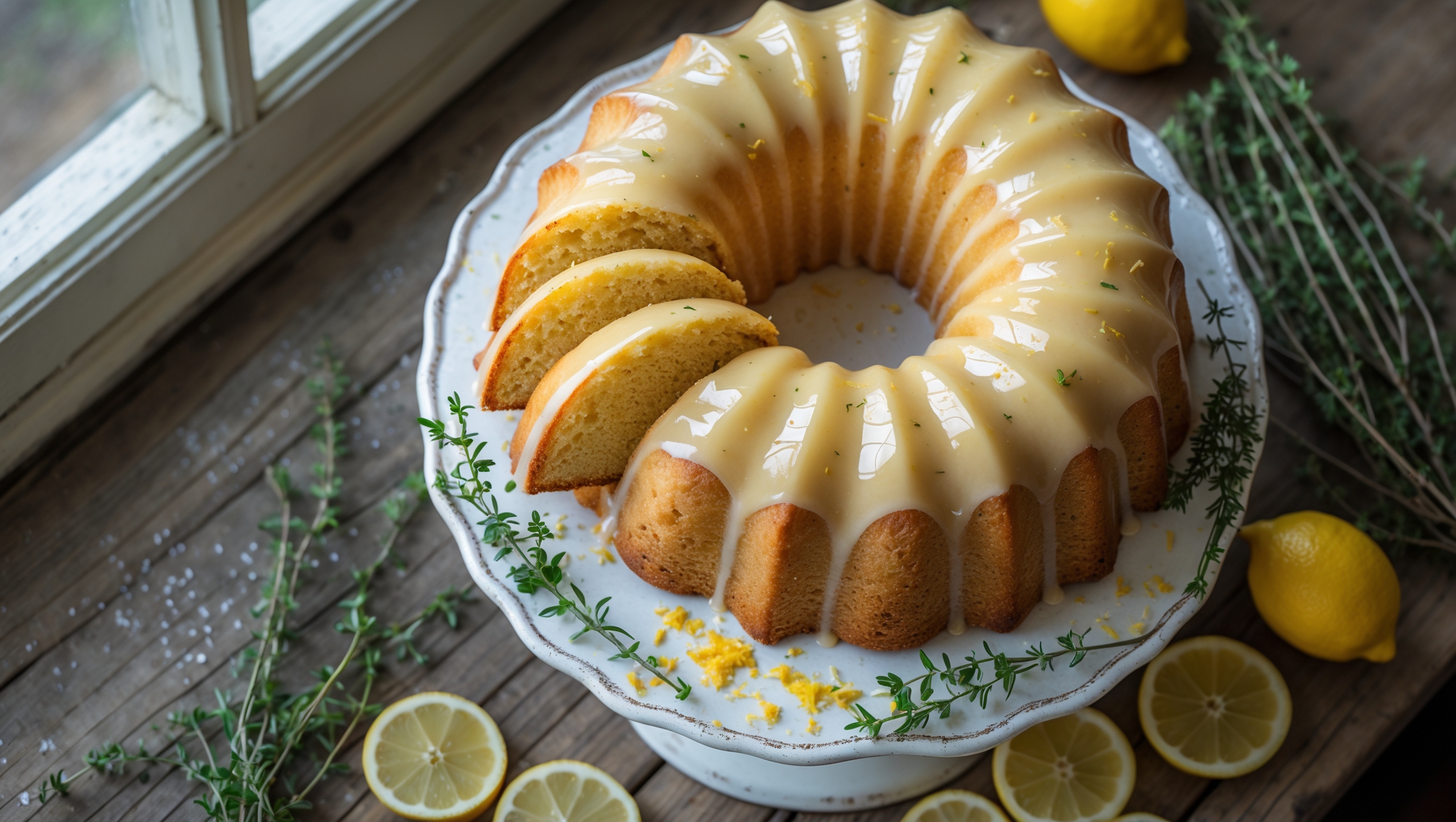 An elegant overhead shot of a golden Lemon Thyme Bundt Cake resting on a vintage white ceramic cake stand. Soft natural light streams through a nearby window, highlighting the cake's perfectly defined ridges and the glossy lemon glaze that cascades down its sides. A cross-section slice reveals the cake's moist, tender crumb speckled with tiny flecks of fresh thyme and lemon zest. Around the base, fresh thyme sprigs and thinly sliced lemons create a rustic garnish against the weathered wooden table. Crystallized lemon sugar adds a subtle sparkle to the top, while a few scattered fresh thyme leaves provide vivid green contrast against the pale yellow cake.