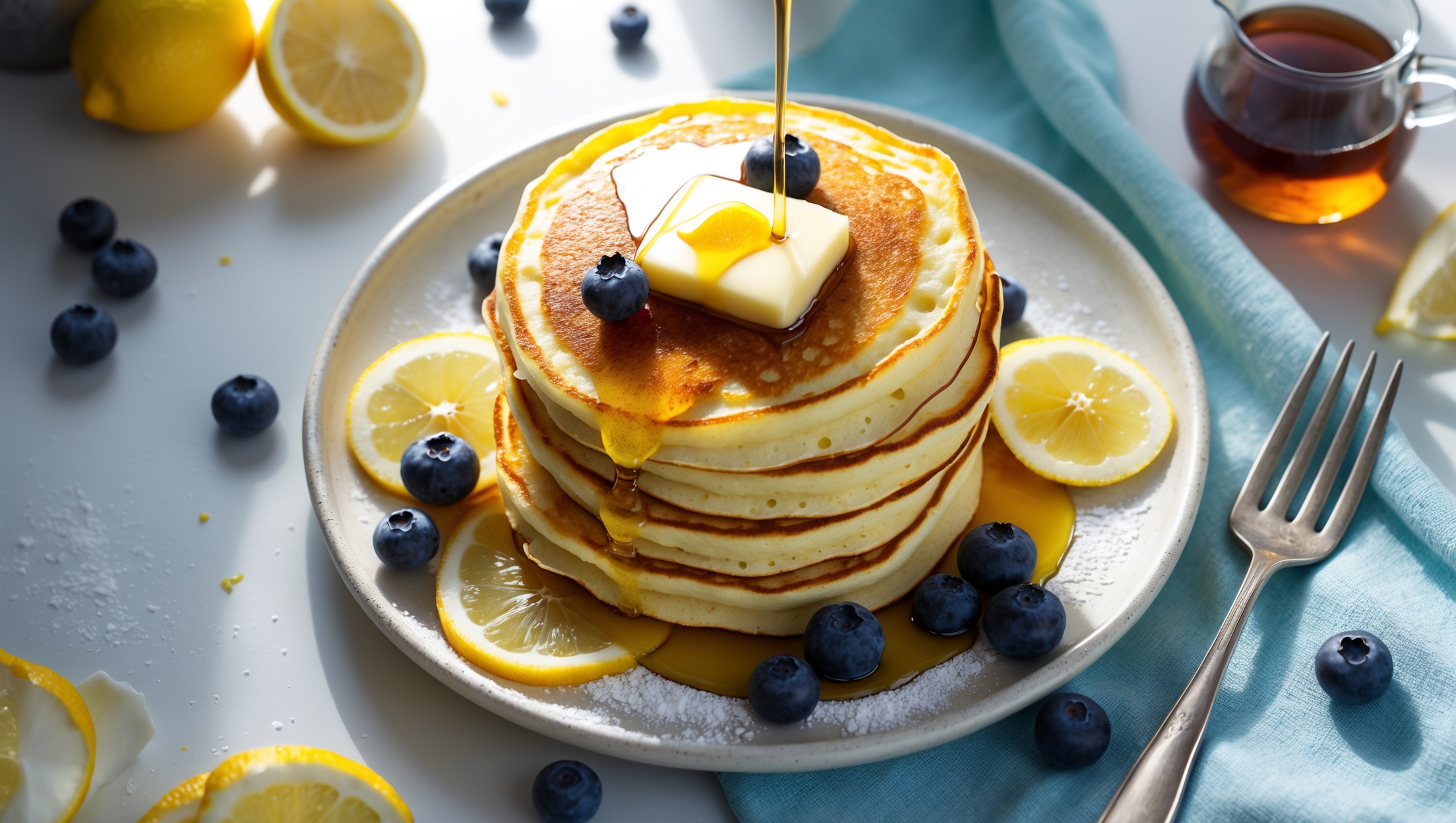An overhead shot of a stack of three golden-brown Lemon Ricotta Pancakes on a white ceramic plate, showcasing their light, airy texture and slightly uneven edges. Soft natural morning light streams in from the side, highlighting the subtle yellow hue and delicate pockets throughout the pancakes. A pat of melting butter crowns the stack, with pure maple syrup cascading down the sides. Fresh blueberries and thinly sliced lemons scatter artfully around the plate, while a light dusting of powdered sugar adds contrast against the warm pancakes. A vintage silver fork rests beside the stack, with a small glass pitcher of additional syrup visible in the corner, all arranged on a pale blue linen runner that enhances the breakfast's fresh, citrusy appeal.