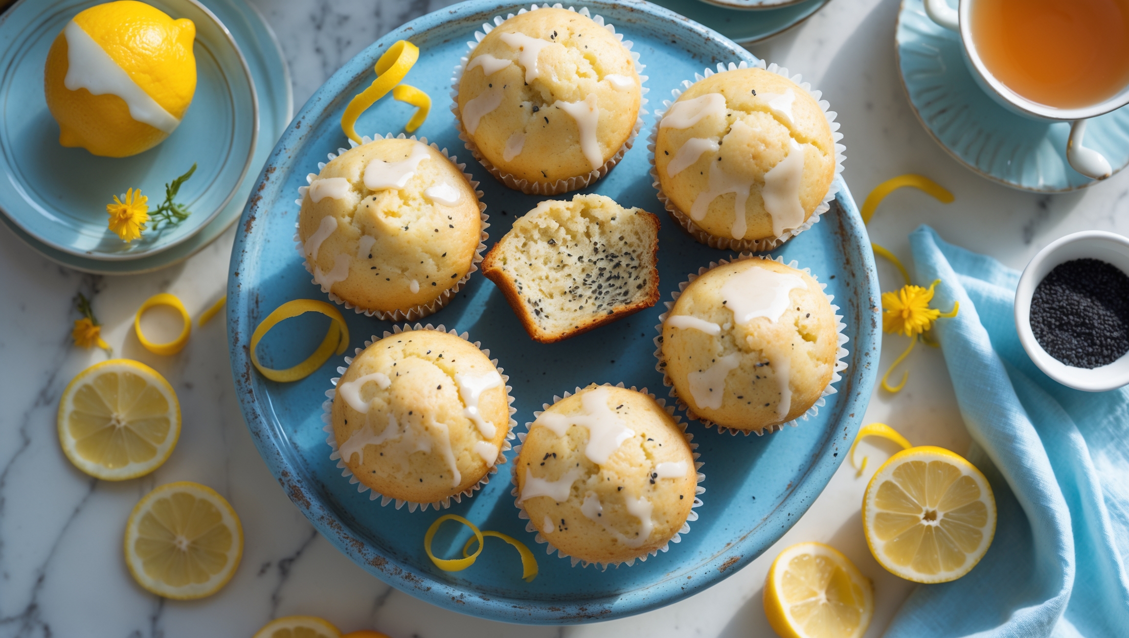 An overhead shot of golden-domed lemon poppy seed muffins arranged on a vintage blue cake stand, with one muffin cut in half to reveal a tender, moist crumb speckled with tiny black poppy seeds. Soft natural morning light streams across the scene, highlighting the glossy lemon glaze dripping down the sides. Scattered lemon slices, zest curls, and a small bowl of poppy seeds add context and color contrast. The styling includes a light blue linen napkin, a steaming cup of tea, and fresh lemon blossoms, creating a bright, cheerful breakfast setting that emphasizes the muffins' light texture and citrus appeal.