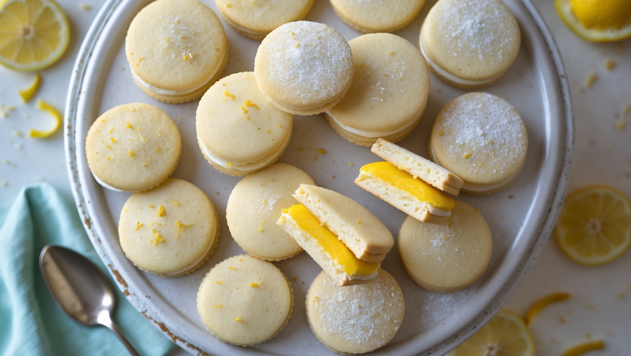 An overhead shot of perfectly round Lemon Snowdrop Sandwich Cookies arranged in a spiral pattern on a vintage white cake stand, with soft natural light highlighting their lightly dusted powdered sugar tops. A cross-section view reveals the bright yellow lemon buttercream peeking between the pale, tender shortbread cookies. Scattered lemon zest and sliced lemons create visual interest in the background, while one cookie sits broken in half, showcasing the delicate crumb structure. The scene is styled with a light blue linen napkin and silver teaspoon, evoking a refined afternoon tea setting. Tones of pale yellow, white, and subtle citrus green create a fresh, springtime color palette.