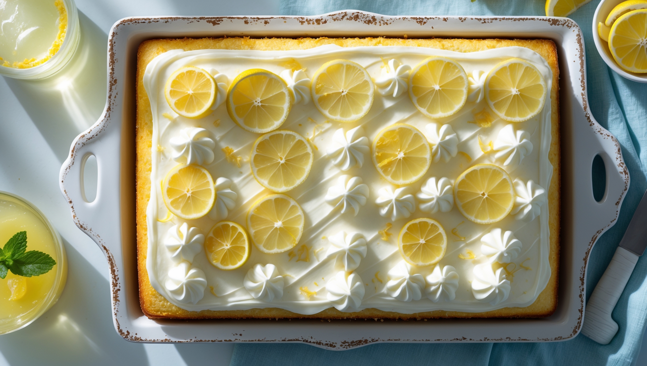 An overhead shot of a golden yellow sheet cake with perfectly level surface, sliced to reveal its moist, tender crumb. The cake is topped with a pristine layer of smooth, white cream cheese frosting, delicately swirled into peaks and valleys. Thin lemon slices and fresh lemon zest are artfully scattered across the surface, creating vibrant yellow accents against the white backdrop. The cake rests on a vintage white ceramic platter, positioned on a light blue linen tablecloth. Soft natural light streams in from a nearby window, highlighting the glistening frosting and casting a warm glow that emphasizes the cake's inviting texture. A small glass of lemonade garnished with mint sits alongside, complementing the cake's fresh citrus theme.