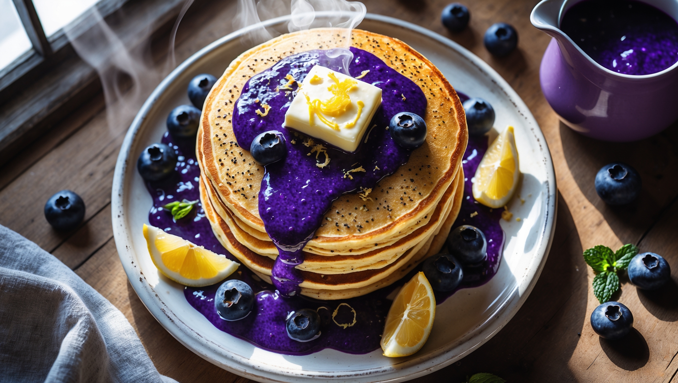 An overhead shot of a short stack of golden-brown pancakes on a white ceramic plate, with vibrant purple-blue compote cascading down the sides. Each pancake is dotted with tiny black poppyseeds and flecked with lemon zest, creating texture and visual interest. A pat of melting butter sits on top, with a small pitcher of additional compote positioned to the side. The scene is bathed in bright morning light streaming through a window, illuminating wisps of steam rising from the warm pancakes. Fresh blueberries and lemon wedges are artfully scattered around the plate on a rustic wooden table, with a sprig of mint adding a pop of green.
