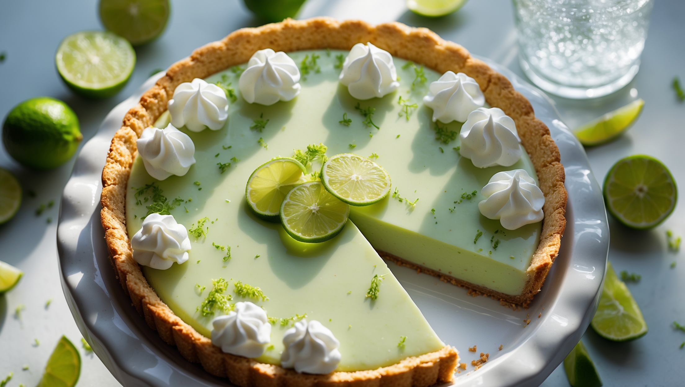 An overhead shot of a lime pie with one perfect slice being removed, revealing the creamy pale green filling against the golden graham cracker crust. The pie sits on a white ceramic cake stand surrounded by fresh lime slices and zest. Soft natural light streams in from the side, highlighting the glossy, smooth surface of the filling and the dollops of white whipped cream that adorn the edges. The contrast between the vibrant green of fresh lime garnishes and the pale filling creates visual interest, while condensation on a glass pitcher of ice water in the background suggests refreshing coolness that perfectly complements this citrus dessert.