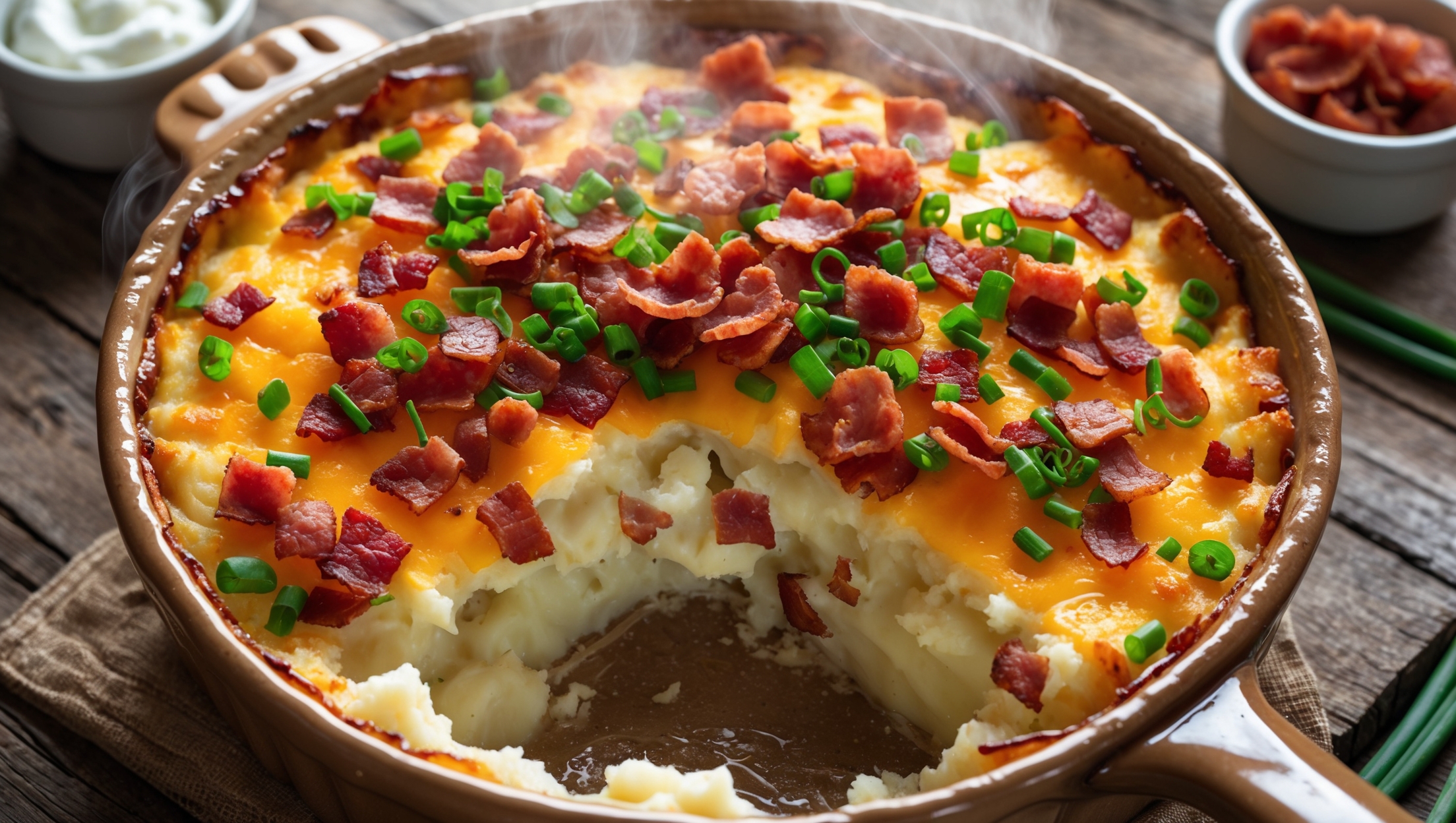 An overhead shot of a bubbling Loaded Baked Potato Casserole fresh from the oven, captured in warm natural light that highlights the golden, slightly crispy cheese topping. The casserole is served in a rustic ceramic baking dish placed on a weathered wooden table, with steam gently rising from its surface. A cross-section view reveals layers of creamy mashed potatoes studded with bacon bits and green onions. The vibrant colors contrast beautifully—the white, fluffy potato base, red-brown bacon pieces, bright green chives sprinkled on top, and the amber melted cheese creating an appetizing crust. Small ramekins of sour cream and extra bacon bits sit alongside, suggesting optional toppings for serving.