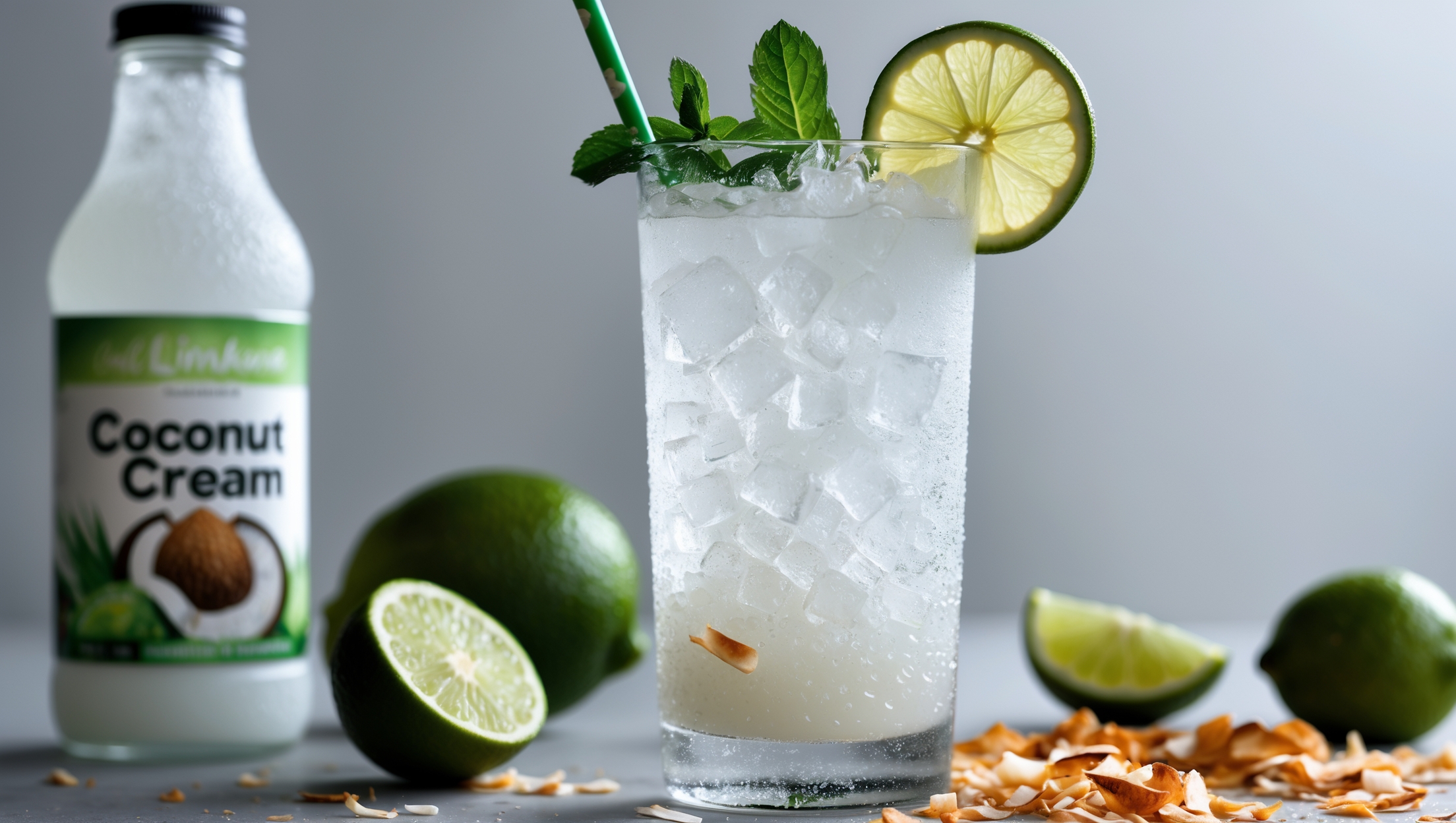 A tall, frosted highball glass filled with the Lime and Coconut Refresher Mocktail, captured in bright natural light that highlights the delicate gradient from clear to cloudy white. Crushed ice creates beautiful texture, while a perfect lime wheel rests on the rim alongside a sprig of fresh mint. Droplets of condensation glisten on the glass, suggesting refreshing coolness. A bottle of coconut cream and freshly cut limes sit nearby, indicating the key ingredients. The drink's surface shows a sprinkling of toasted coconut flakes, with a green paper straw creating a vibrant color contrast against the creamy white mocktail.
