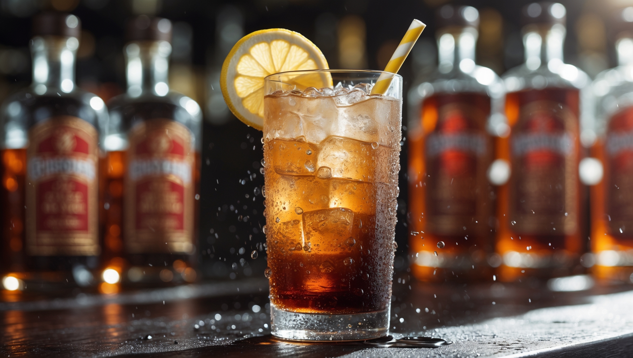A tall, ice-filled Collins glass showcases a gradient from amber to deep caramel as sunlight illuminates the Long Island Iced Tea from behind. Condensation beads on the glass surface, suggesting refreshing coolness. A lemon wheel and straw rest against the rim, while bubbles from the cola dance upward through the cocktail. The drink sits on a dark wooden bar top with bottles of the five spirits artfully arranged in soft focus behind, suggesting its potent mixture of clear and amber liquors.