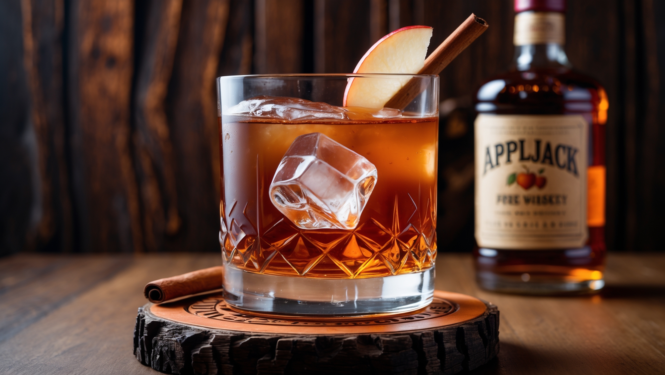 A heavyweight rocks glass sits on a hand-carved wooden coaster, filled with a deep amber liquid that catches the light with rich copper highlights. A large, crystal-clear ice cube slowly melts in the center, while a thin apple slice and cinnamon stick lean against the edge as garnish. The drink's surface reflects warm, directional lighting that accentuates the viscosity of the spirit blend. In the background, slightly out of focus, sits a bottle of rye whiskey and applejack against a backdrop of dark wood paneling, creating a distinctly masculine atmosphere reminiscent of a traditional woodsmen's cabin.