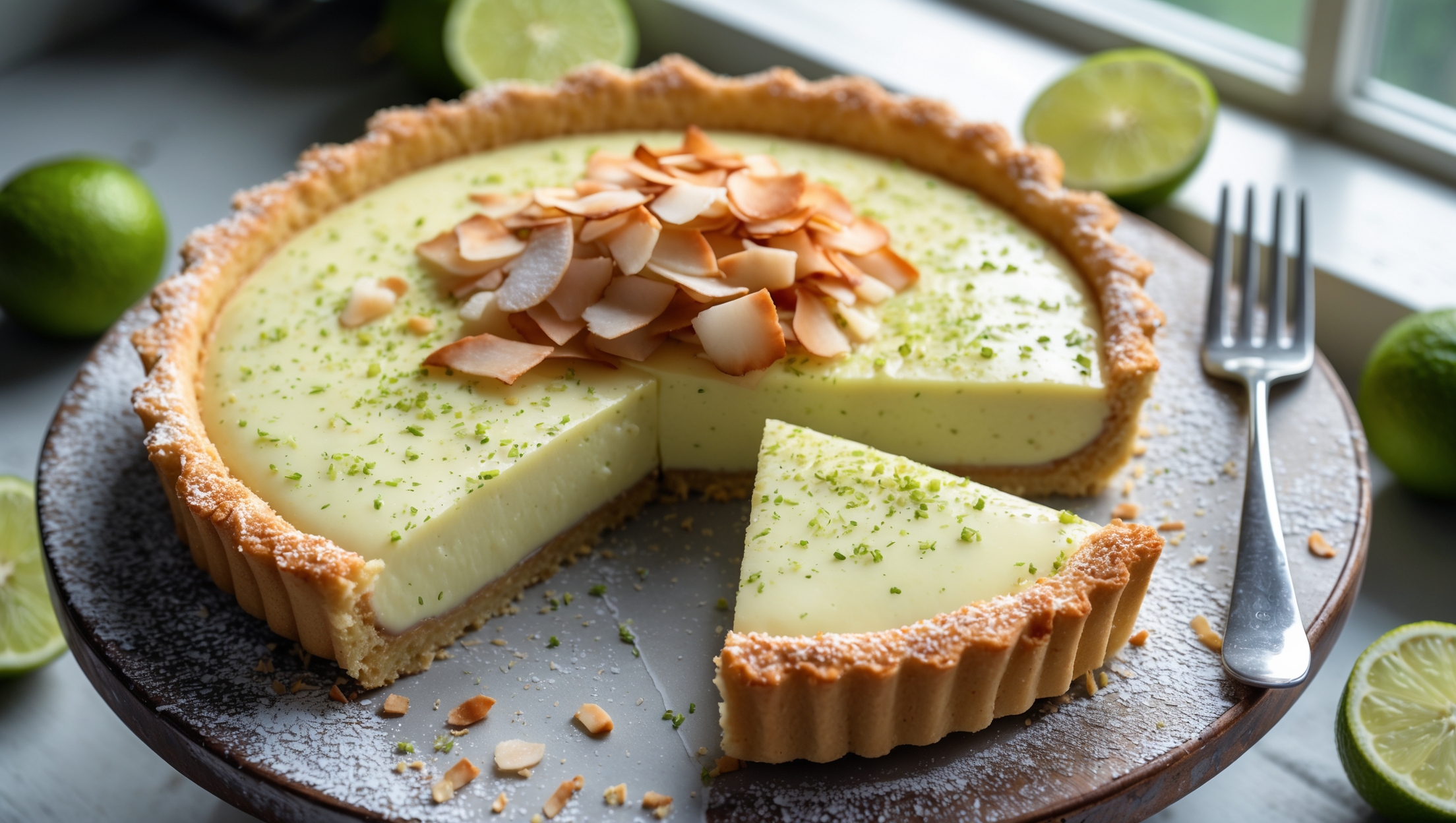 An overhead shot of a perfectly sliced lime coconut custard tart reveals its vibrant layers – the golden-brown coconut crust, pale yellow lime custard with tiny flecks of lime zest, and a crown of toasted coconut flakes. Captured in soft natural light streaming through a kitchen window, the tart sits on a weathered wooden cake stand with fresh lime slices and whole limes artfully scattered around. A dusting of powdered sugar catches the light, highlighting the contrast between the creamy custard and textured coconut topping. A silver dessert fork rests beside a slice, showing the clean cut that reveals the tart's perfect proportions and smooth, set custard.