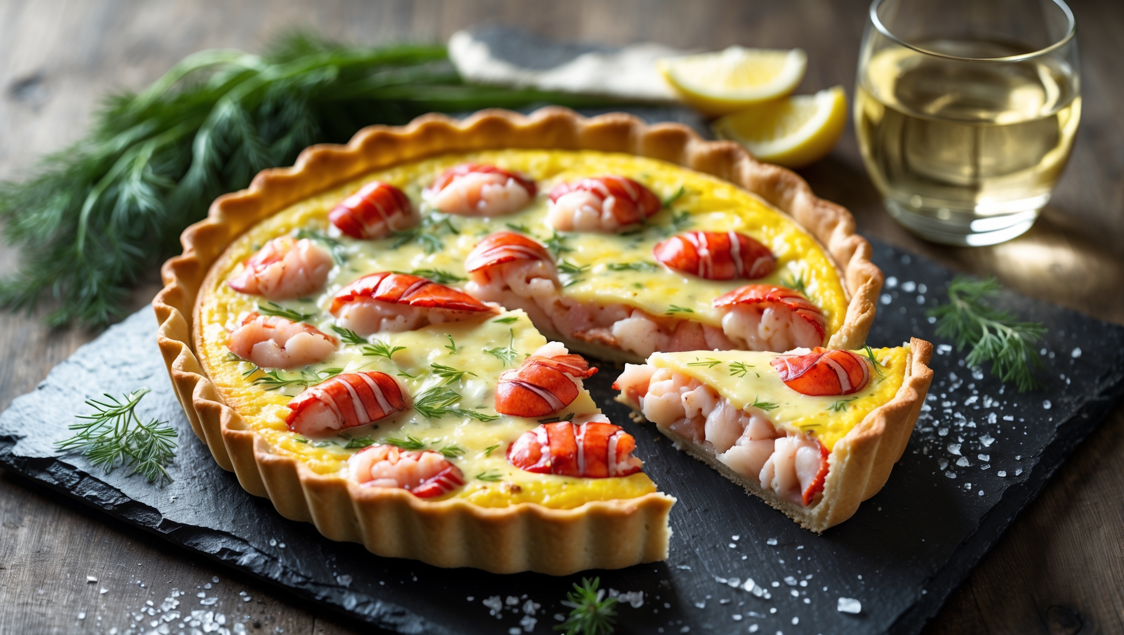 An overhead shot of a golden-brown lobster quiche with a perfectly flaky crust, its surface glistening under soft natural light. A slice has been removed, revealing the rich custard interior studded with generous chunks of pink lobster meat and flecks of fresh herbs. The quiche rests on a weathered slate serving board, accompanied by a small bunch of fresh dill and lemon wedges. In the background, a glass of crisp white wine catches the light, while scattered herbs and a sprinkle of sea salt enhance the rustic elegance of this sophisticated seafood tart.
