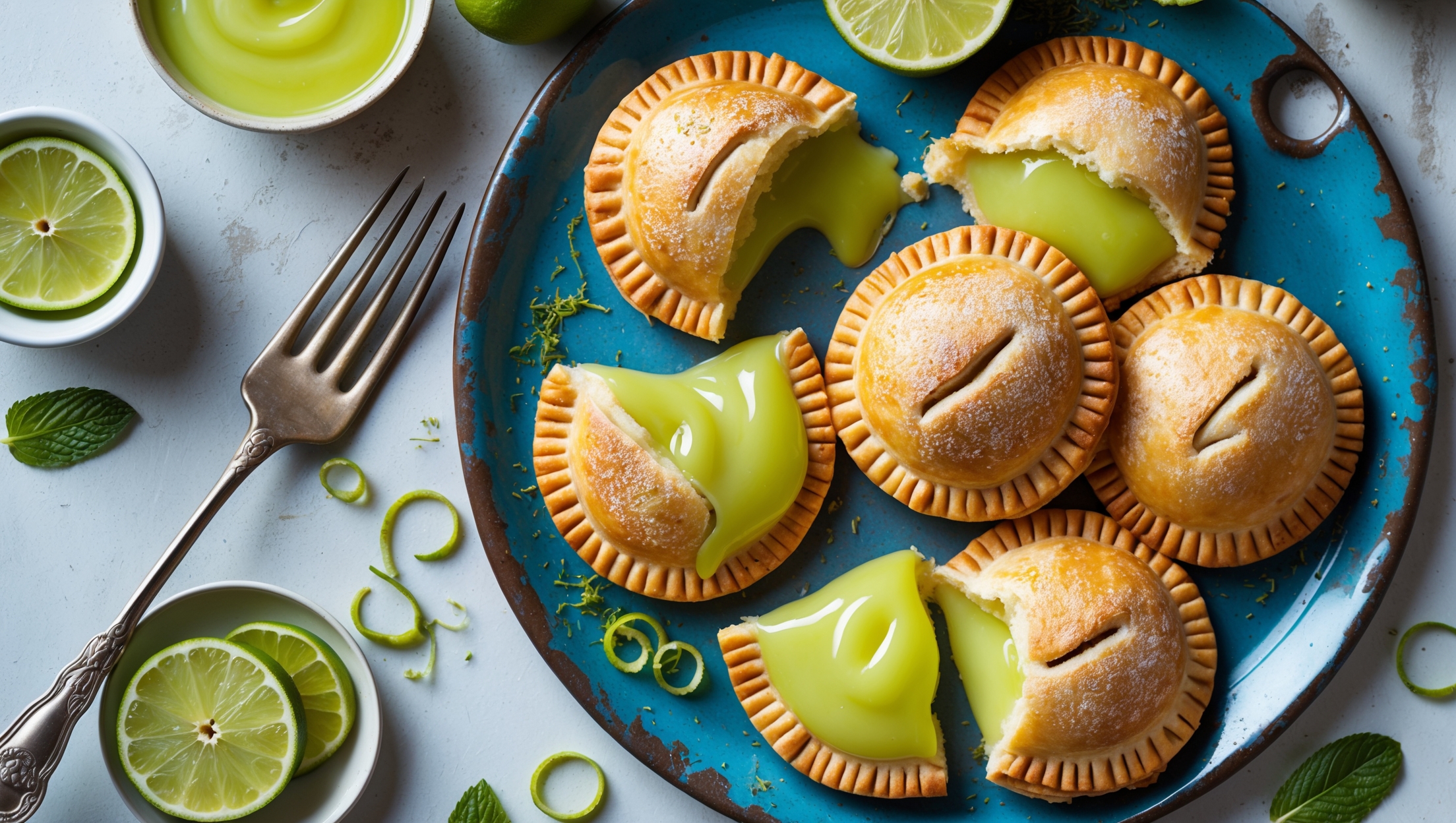 An overhead shot of golden-brown hand pies arranged on a weathered blue ceramic platter, with several broken open to reveal the vibrant, glossy lime curd filling. Shot in bright natural light that highlights the sugar-dusted, flaky pastry layers and the contrasting yellow-green filling. A vintage silver cake fork rests beside the platter, while fresh lime slices, zest curls, and a small bowl of additional lime curd create visual interest around the composition. Scattered mint leaves add pops of green, complementing the citrusy notes of the dessert.