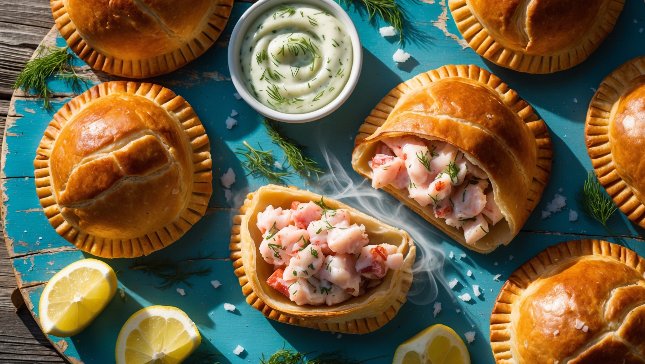 An overhead shot of golden-brown lobster roll hand pies arranged on a weathered blue wooden board, mimicking coastal aesthetics. A cross-section view reveals the generous filling of pink lobster chunks coated in a creamy herb-speckled dressing. Natural daylight streams across the scene, highlighting the flaky, buttery pastry layers and creating gentle shadows. Scattered fresh dill sprigs, lemon wedges, and sea salt flakes surround the pies, while a small ramekin of additional herb mayonnaise sits nearby for dipping. Steam gently rises from a freshly broken pie, suggesting warmth and inviting the viewer to taste the seaside-inspired treat.