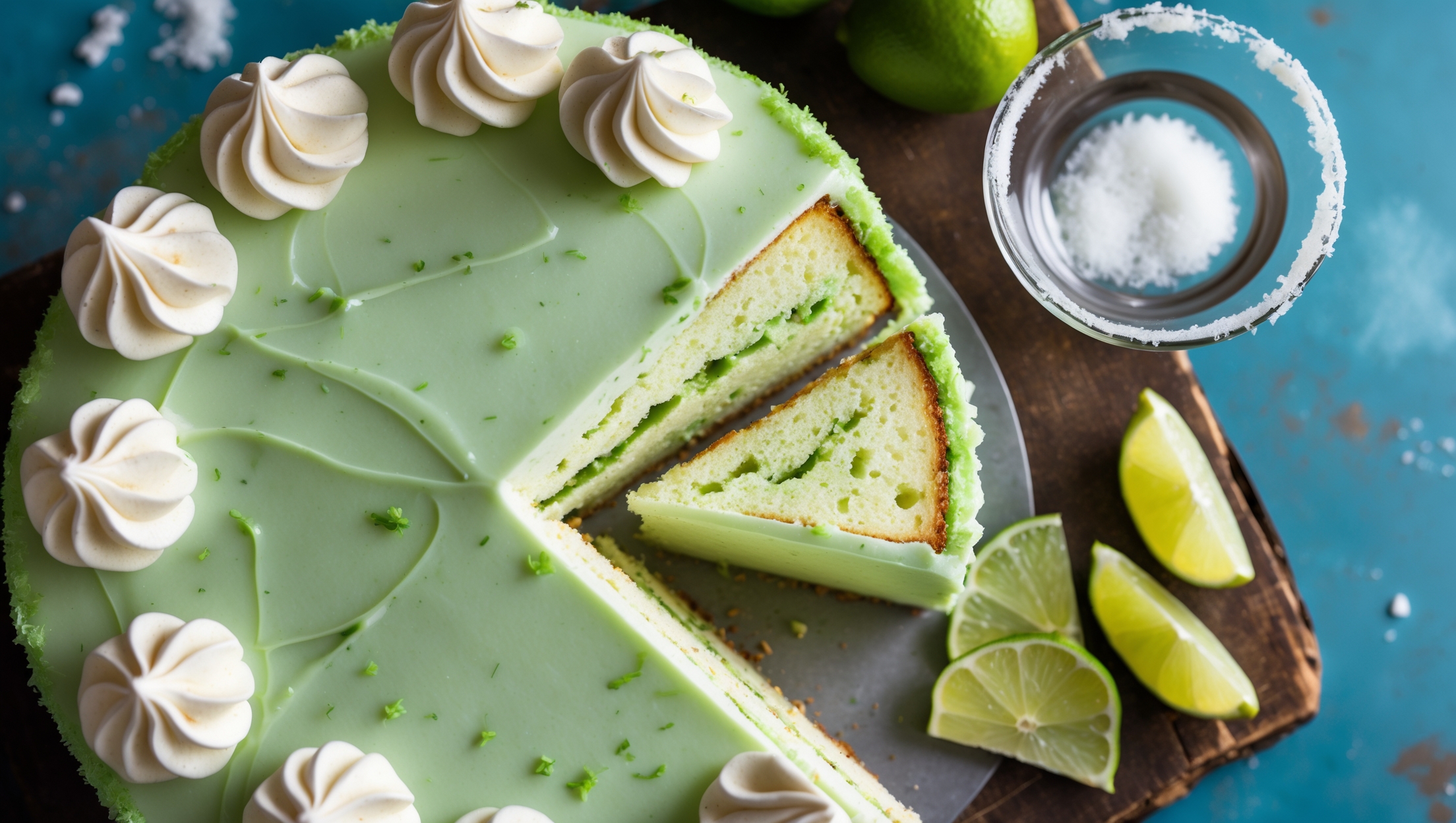 An overhead shot of a double-layer Margarita Cake bathed in soft natural light, showcasing its pale green-tinted crumb beneath smooth lime-infused buttercream. The frosting is artfully swirled with Italian meringue peaks, mimicking the foam of a cocktail, while the cake's edges feature a crystalline rim of lime sugar and sea salt that catches the light. A cross-section reveals the moist, tender crumb studded with lime zest, positioned beside fresh lime wedges and a small bowl of flaky sea salt. The cake sits on a worn wooden board against a blue backdrop reminiscent of coastal Mexican restaurants, with a cocktail glass containing tequila and lime positioned artfully in the corner of the frame.