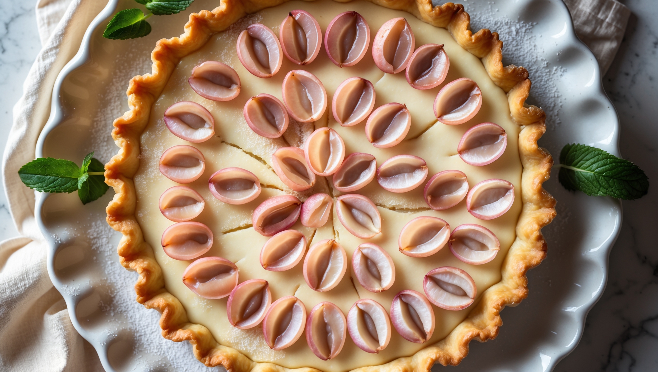 An overhead shot of a perfectly golden tart with a scalloped edge crust, filled with glossy vanilla custard and crowned with translucent lychee halves arranged in a spiral pattern. The cross-section reveals a crisp, buttery pastry base supporting a luxurious layer of smooth custard. Natural light streams across the tart, highlighting the jewel-like quality of the lychees and the subtle flecks of vanilla bean throughout the custard. Fresh mint leaves and a light dusting of powdered sugar add contrast against a white ceramic cake stand placed on a pale linen cloth.