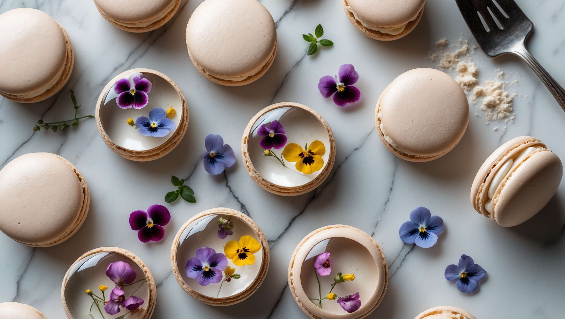 Overhead shot of perfectly formed macaron shells displayed on a white marble surface, their smooth domes capturing soft natural light. Each shell reveals delicate edible flowers—violets, pansies, and rose petals—suspended within the translucent exterior, creating a stunning stained-glass effect. Close-up details showcase the perfect foot around each macaron's base and the pristine, flat bottoms. Several macarons are arranged in a scattered pattern with fresh edible flowers and a few loose almond flour particles artfully placed beside them, emphasizing their handcrafted quality. A vintage silver cake server rests nearby, adding an elegant touch to this ethereal, botanical patisserie creation.