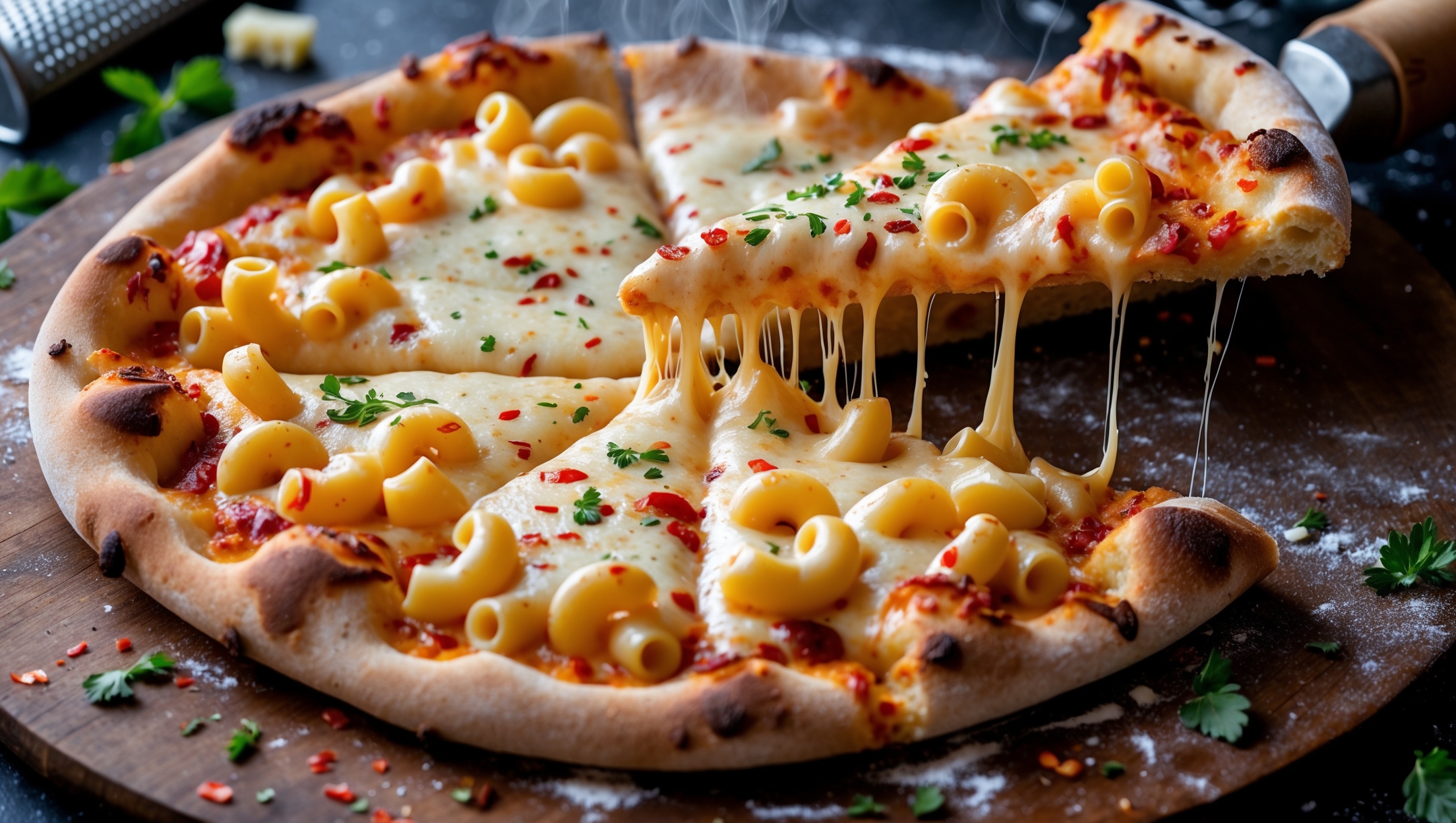 An overhead shot of a golden-brown Mac and Cheese Pizza with a perfectly crisp outer crust and bubbling cheese surface. A slice being pulled away reveals an impressive cheese pull stretching between pieces, showcasing the creamy macaroni pasta embedded in layers of melted cheese. Shot in warm natural light on a rustic wooden pizza peel with scattered fresh herbs and red pepper flakes adding vibrant color pops. Steam gently rises from the surface, emphasizing the pizza's fresh-from-the-oven appeal, while the background subtly features ingredients like cheese graters and flour-dusted surfaces.