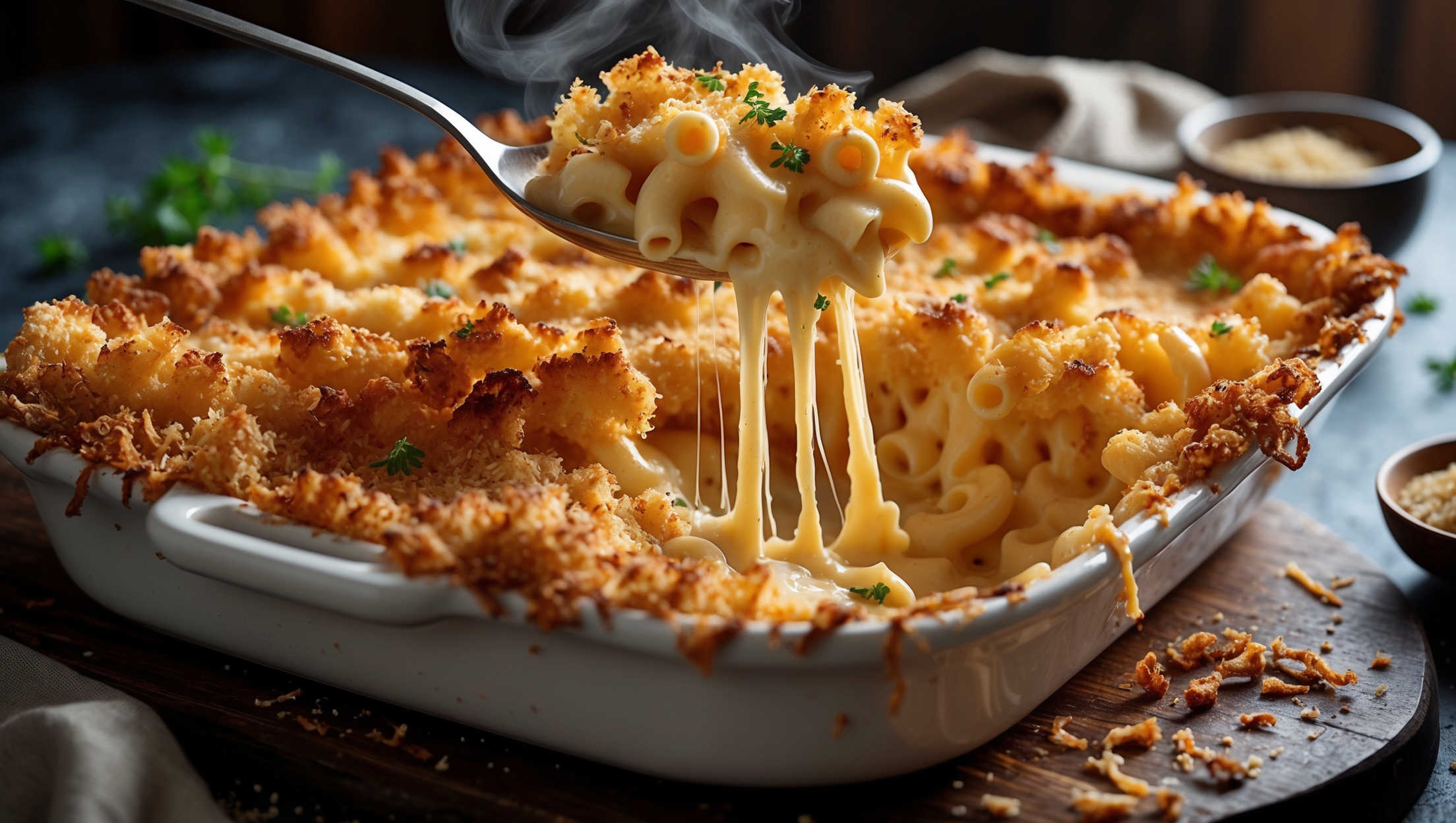 A bubbling dish of mac and cheese photographed from a 45-degree angle, showing the golden-brown panko crust breaking open to reveal stretchy cheese pulls as a serving spoon lifts a portion. Shot in warm, natural kitchen lighting that highlights the contrast between the crispy top and creamy interior. The casserole dish sits on a dark wooden board with scattered fresh herbs and a small bowl of extra breadcrumbs nearby. Steam gently rises from the freshly baked pasta, and the edges show caramelized cheese that has crisped against the ceramic baking dish, creating an irresistible texture variation.