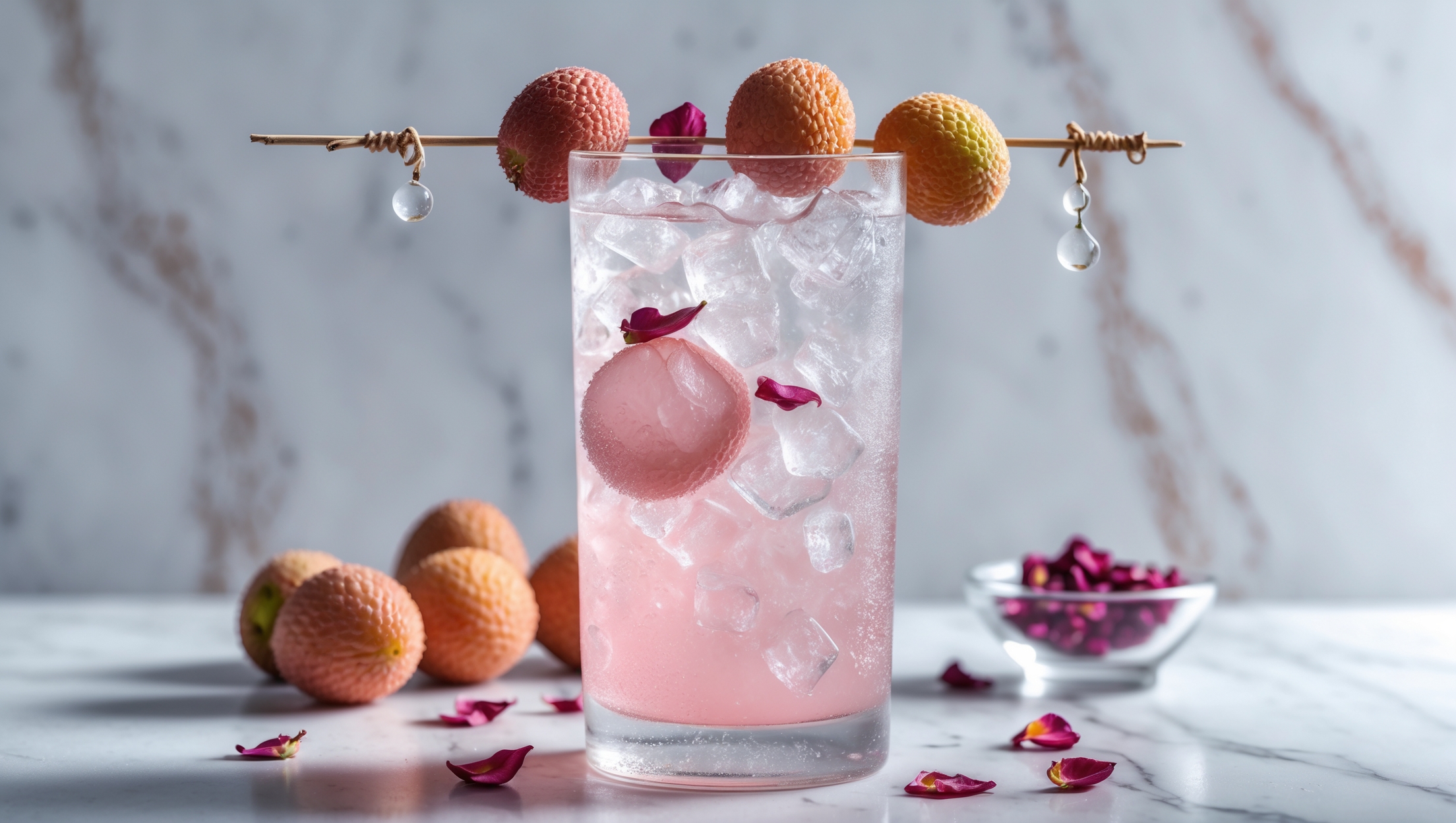 A tall, frosted highball glass filled with a pale pink lychee rose cooler, photographed in bright natural daylight against a light marble surface. Crushed ice peeks through the translucent liquid, creating a gradient effect from clear to soft pink. Fresh lychees are threaded onto a decorative skewer across the rim, while rose petals float on the surface. Condensation beads on the glass capture the light, suggesting refreshing coolness. In the background, slightly blurred, sits a small bowl of fresh lychees and a tiny glass dish of dried rose petals, hinting at the key flavors in this delicate, aromatic mocktail.