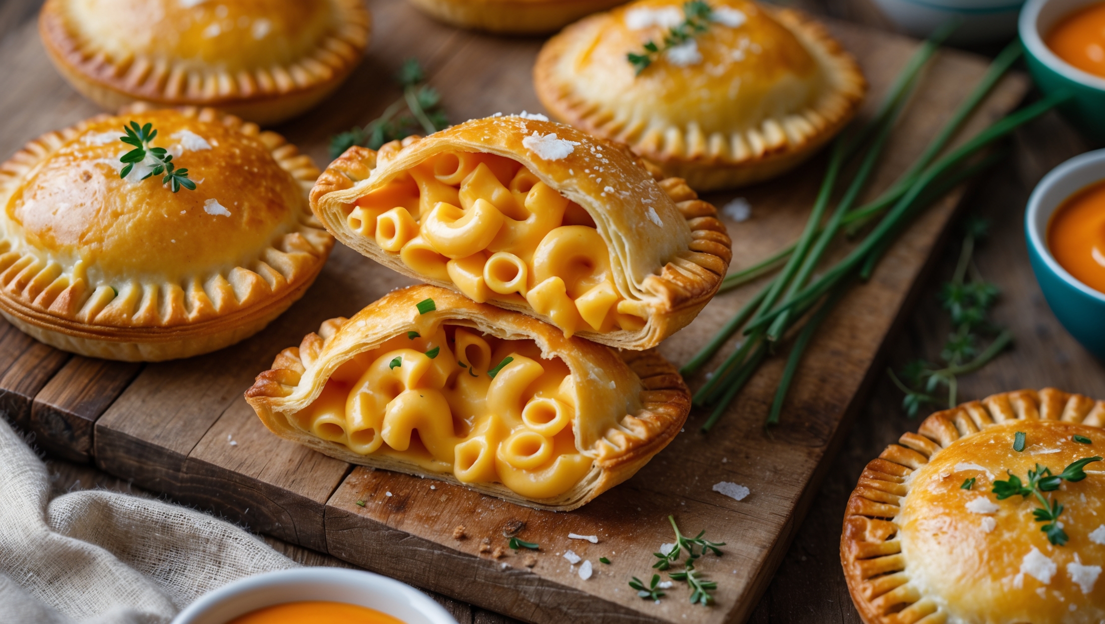 Overhead shot of golden-brown hand pies arranged on a rustic wooden board, with one broken open revealing the decadent macaroni and cheese filling oozing slightly. The cross-section showcases perfectly cooked pasta enrobed in creamy orange-yellow cheese sauce against the flaky, buttery pastry layers. Shot in warm natural light that highlights the crisp edges and butter-brushed tops sprinkled with sea salt flakes and fresh thyme. In the background, bowls of vibrant dipping sauces and scattered chives provide color contrast against the neutral linen napkin.
