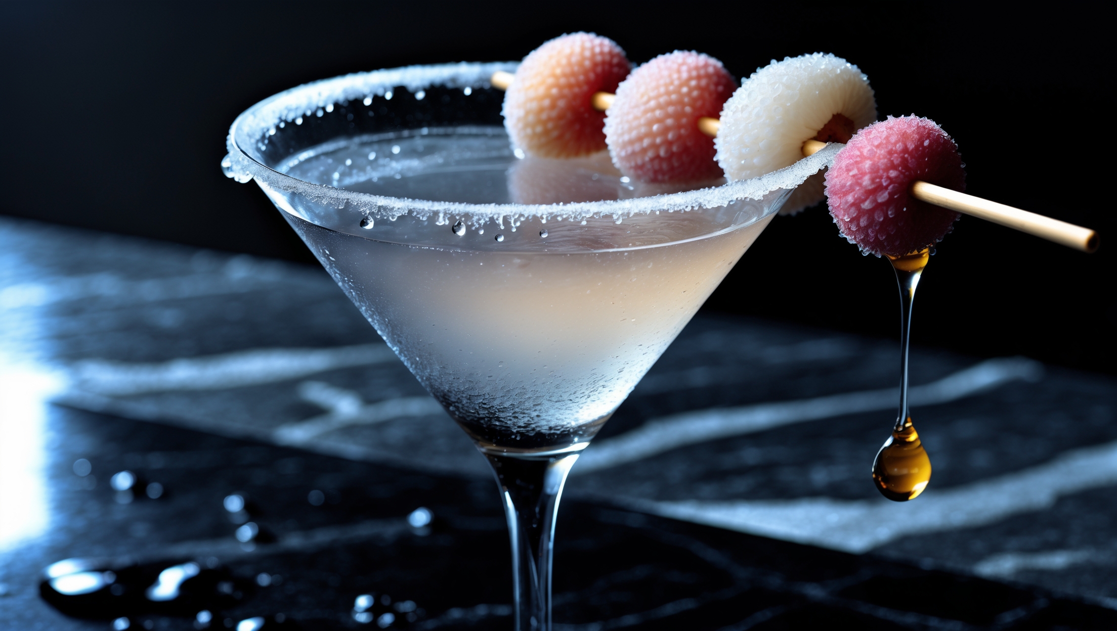 A frost-rimmed martini glass captured in dramatic low-key lighting with ice-blue highlights accentuating its crystalline curves. The translucent liquid shimmers with a delicate pearlescent hue, while drops of condensation form on the exterior. A skewer of fresh lychees rests across the rim, their white flesh contrasting with the glass. The cocktail sits on a black marble surface with ambient light reflecting off the glass, creating ethereal shadows that enhance the drink's sophisticated personality. A subtle splash moment is frozen in time as a drop of lychee syrup meets the surface, creating ripples across the pristine martini.