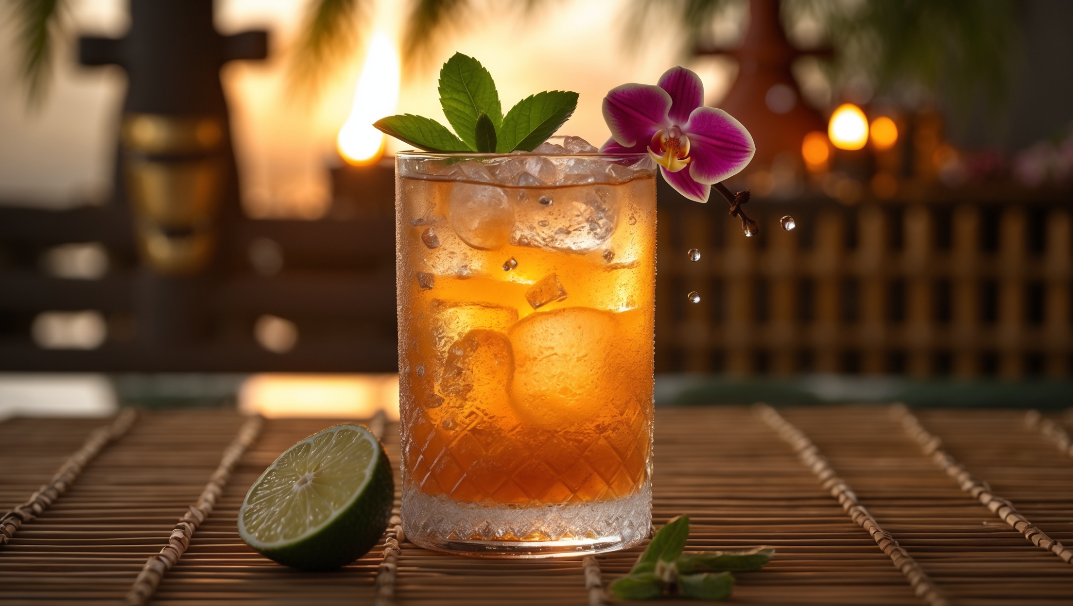 A frosted highball glass showcases a vibrant amber-orange Mai Tai with crushed ice gently mounded above the rim. Golden-hour lighting accentuates the drink's warm hues against a rattan mat background. A mint sprig and tropical orchid perch atop the ice, while a spent lime half floats nearby. Condensation beads the glass, suggesting refreshing coolness. A vintage tiki bar setup is softly blurred in the background with bamboo elements and torches creating a warm, tropical ambiance that complements the cocktail's island heritage.