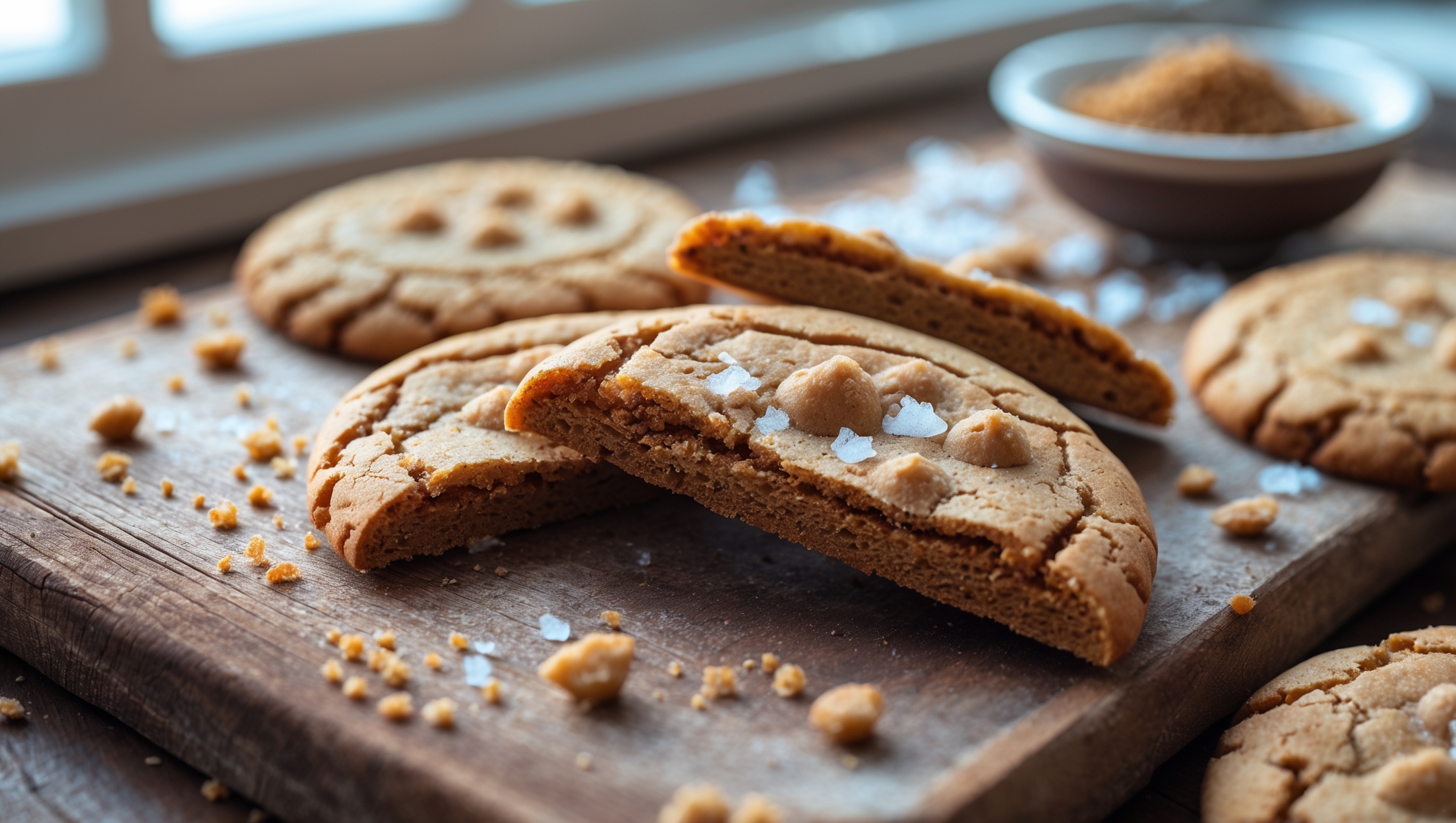 A cross-section view captures the perfect contrast between the golden-brown exterior and tender interior of these remarkable cookies, photographed in soft natural light streaming through kitchen windows. The cookies rest on a rustic wooden board with scattered malted grains and a small bowl of dark brown sugar adding context. Close-up details reveal the intricate texture—slightly crisp edges giving way to a chewy center with small pockets where the malted flavor concentrates. The cookies' surface shows a beautiful crackling pattern where brown sugar has caramelized during baking, and a light dusting of flaky sea salt catches the light, suggesting the sweet-savory balance within.